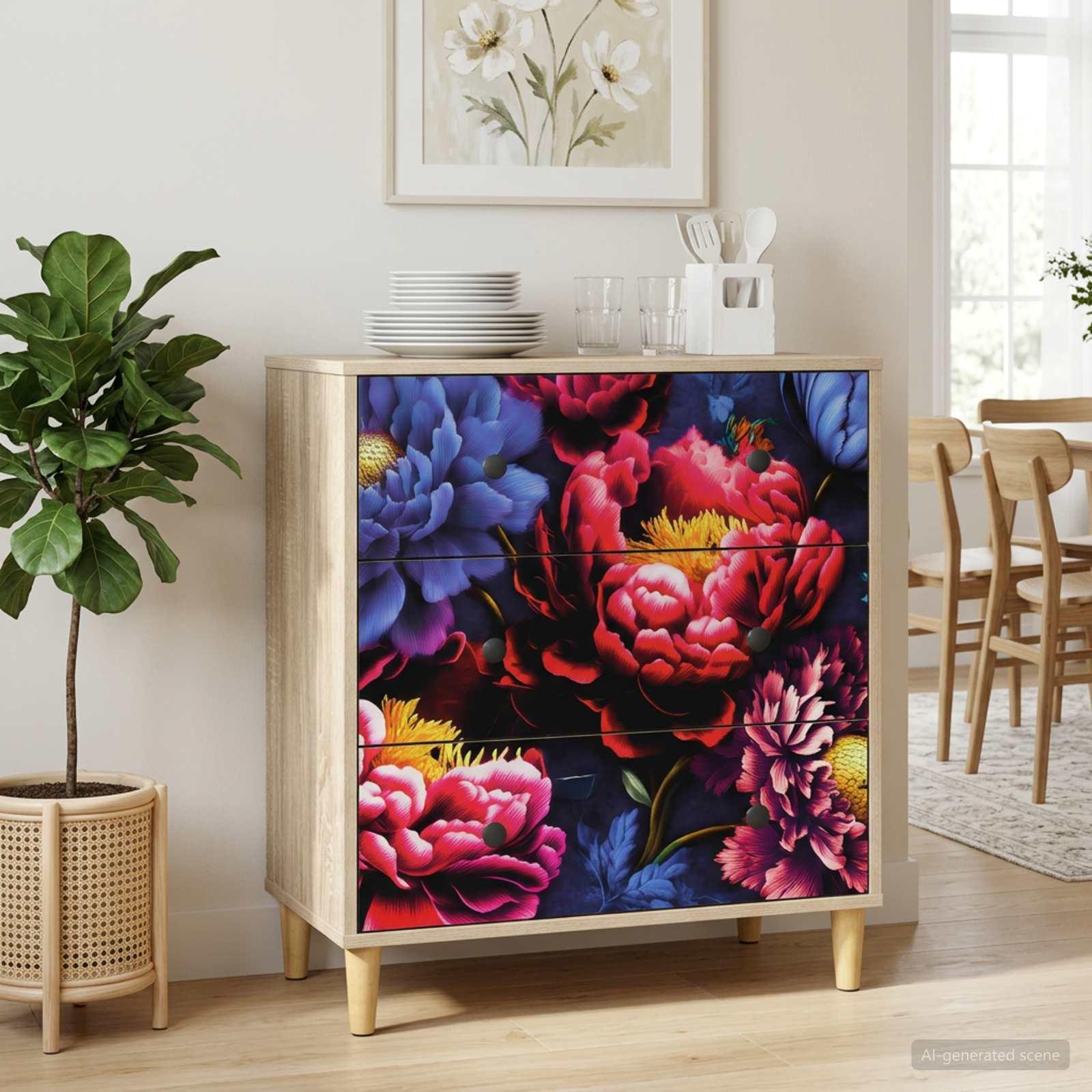 Skuffeskab KIEL med mørkt pæontryk 66 x 36,5 x 75 cm i konstrueret træ