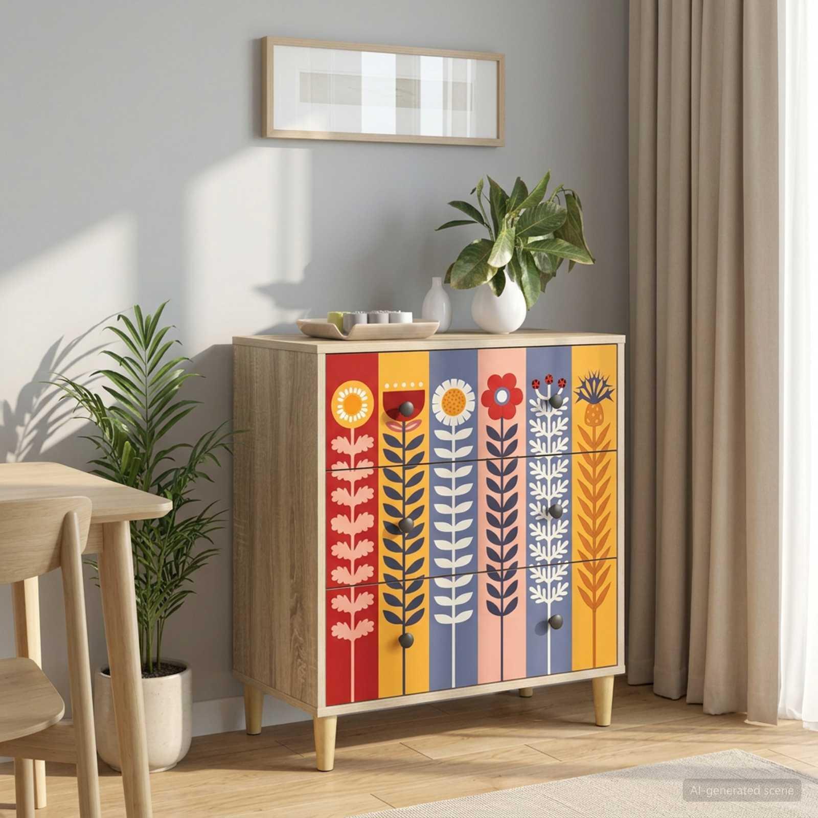 Skuffeskab ESSEN med solblomstprint 66 x 36,5 x 75 cm i sonoma-eg