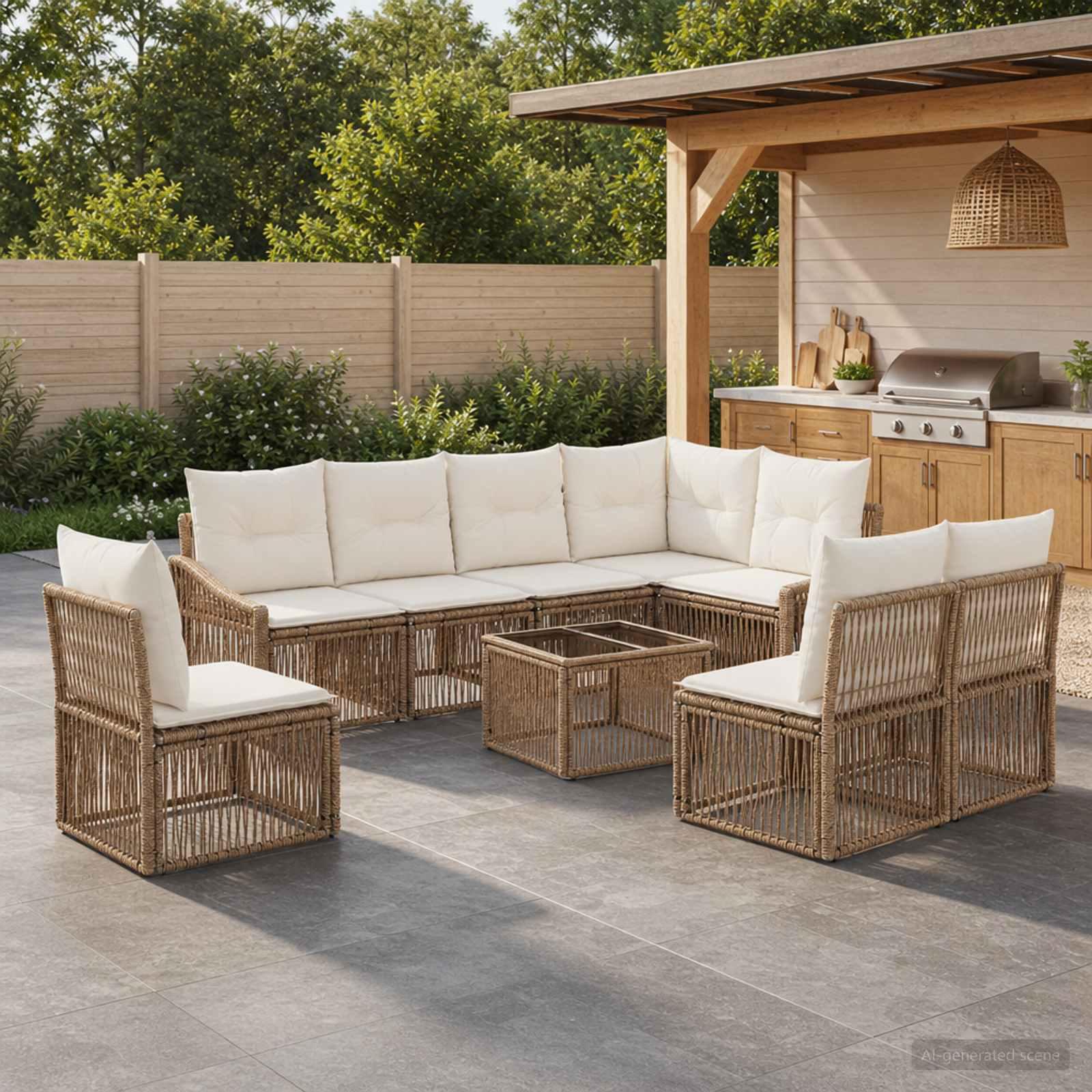 Havesofa sæt 9 stk. i beige polyrattan - modulært havemøbelsæt