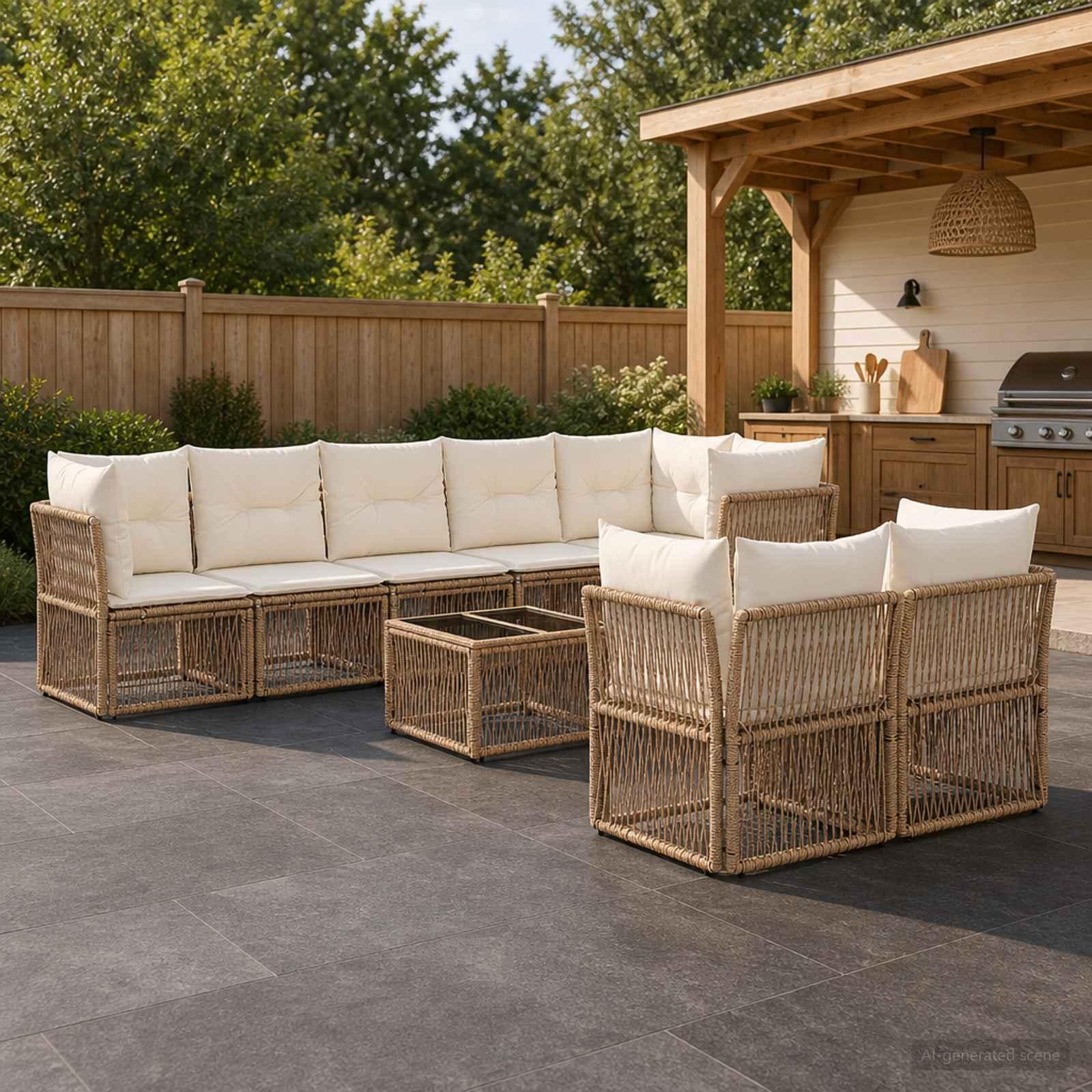 Havesofa sæt 9 dele i beige polyrattan til terrasse og have