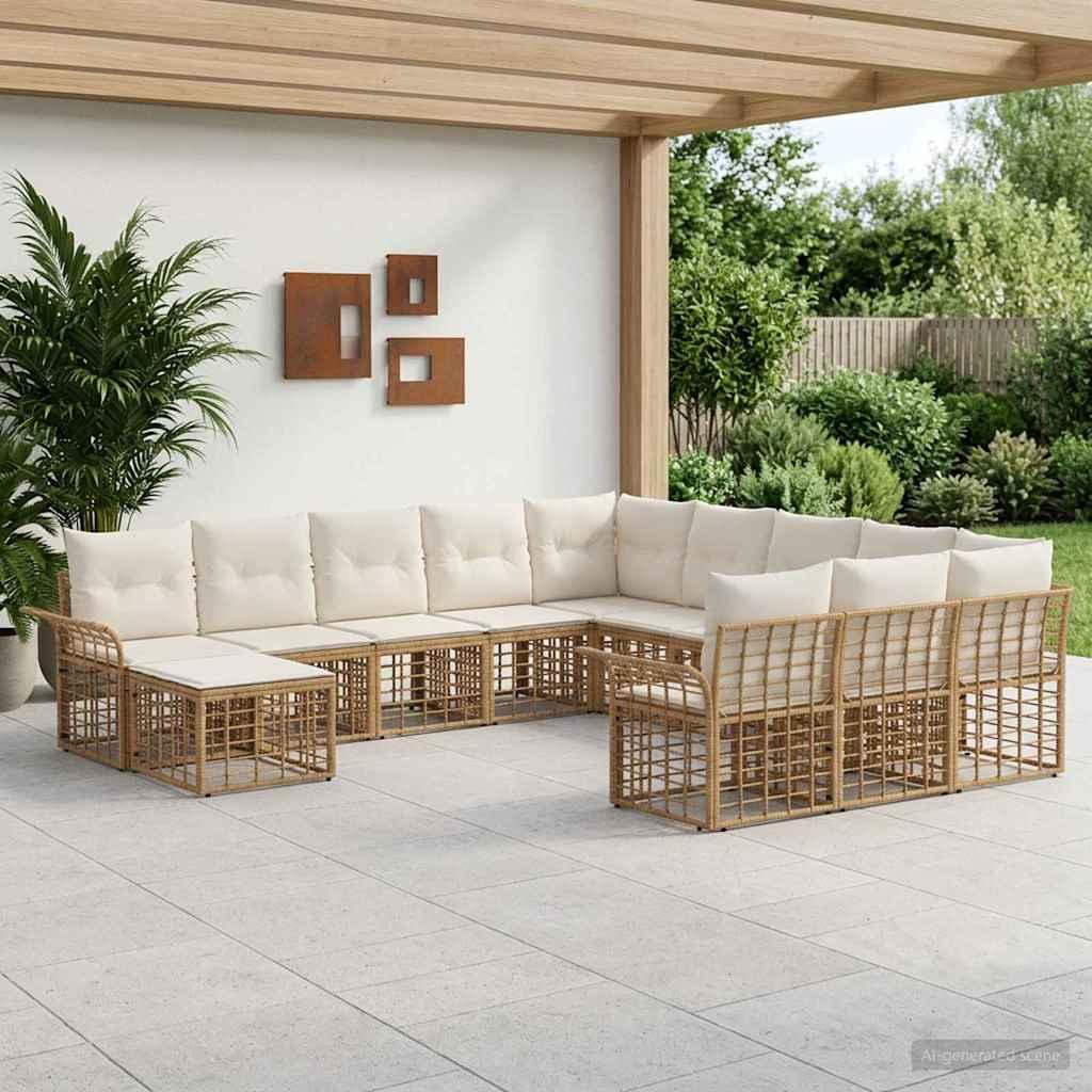 Havesofa sæt 12 stk. i polyrattan - naturlig og cremehvid modulsofa til have og terrasse