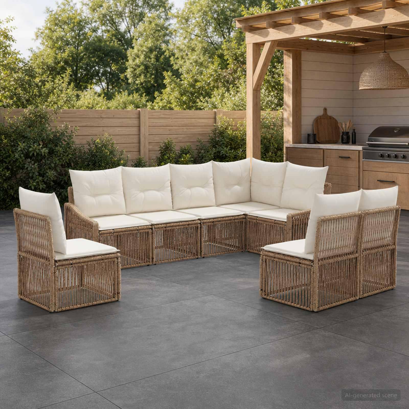 Havesofa sæt 8 stk. i beige polyrattan - modulært havemøbelsæt