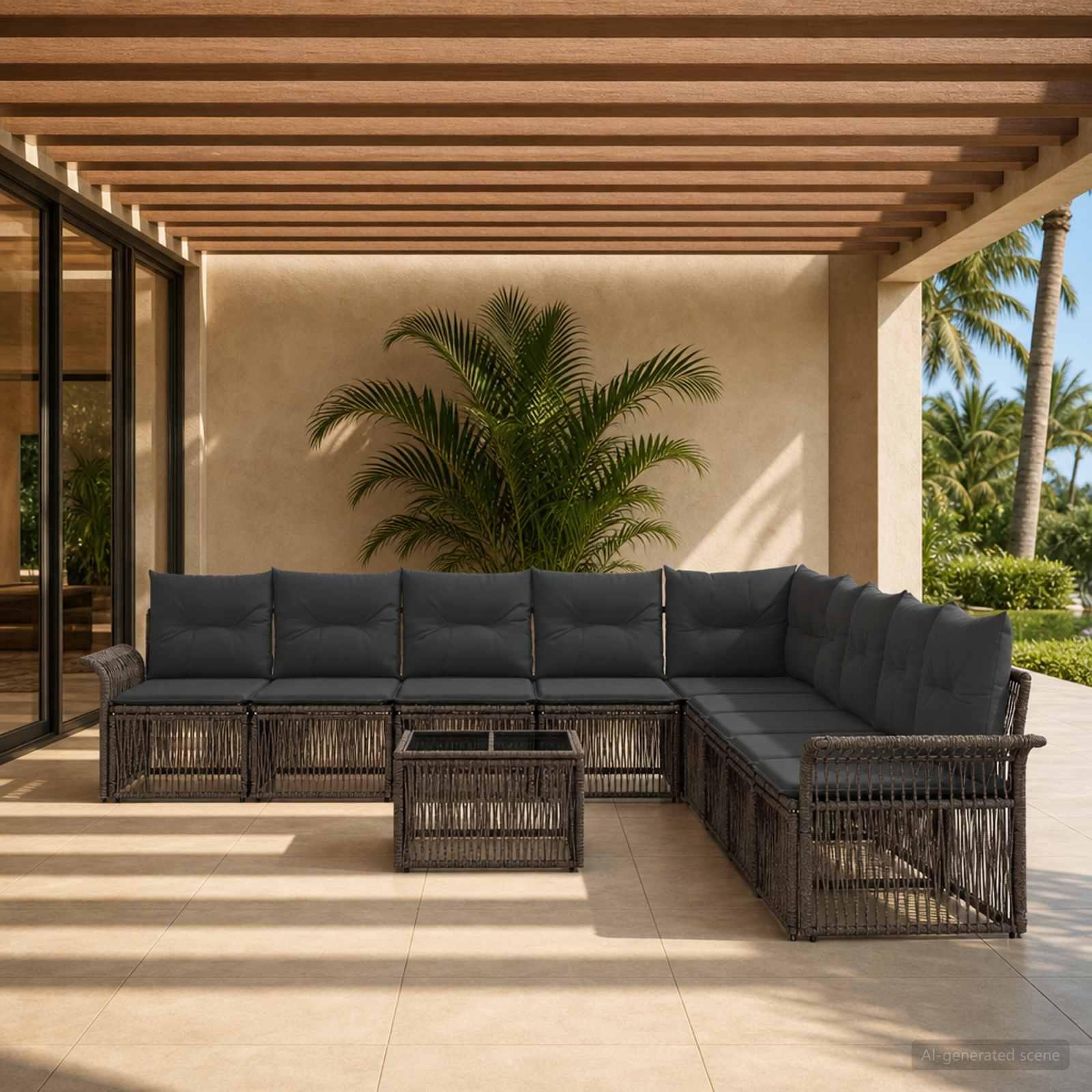 Havesofa sæt 10 stk. i grå polyrattan - modulært loungesæt til terrasse