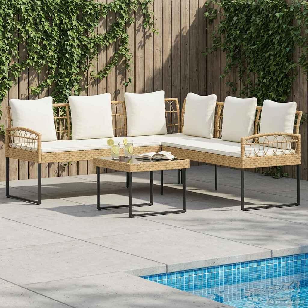 Havesofa sæt i naturfarvet poly rattan med bord og puder
