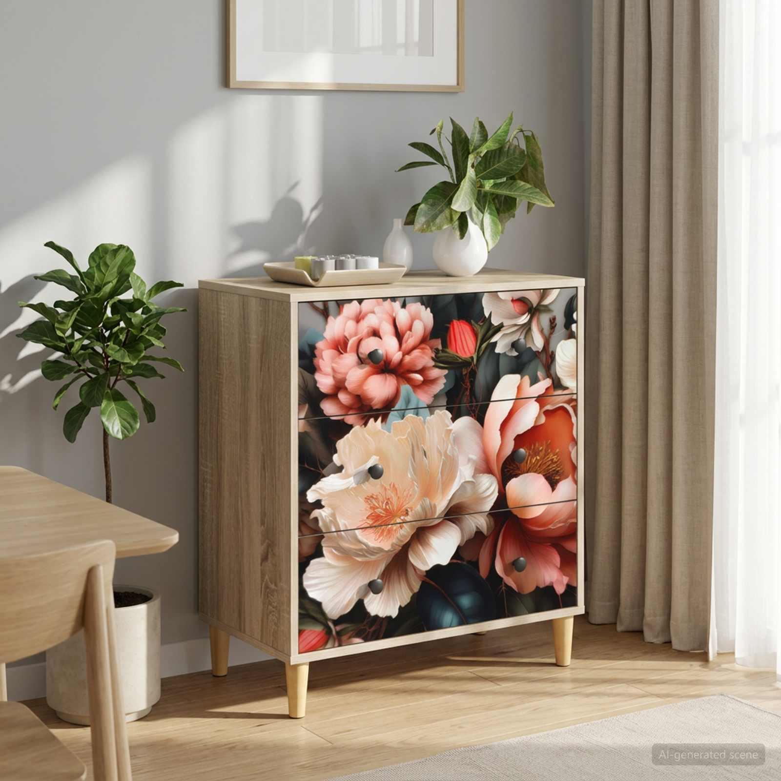 Skuffeskab BORNE med lys pæontryk 66 x 36,5 x 75 cm i konstrueret træ