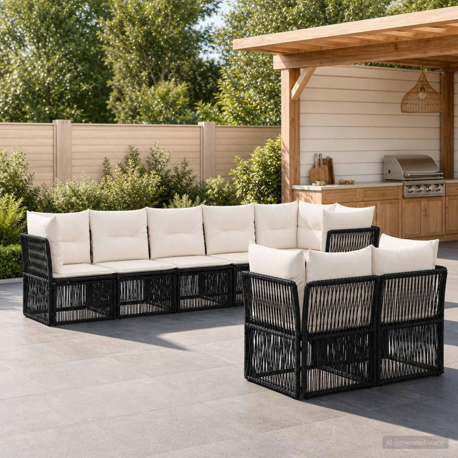 Havesofa sæt 8 stk. i sort polyrattan til terrasse og have