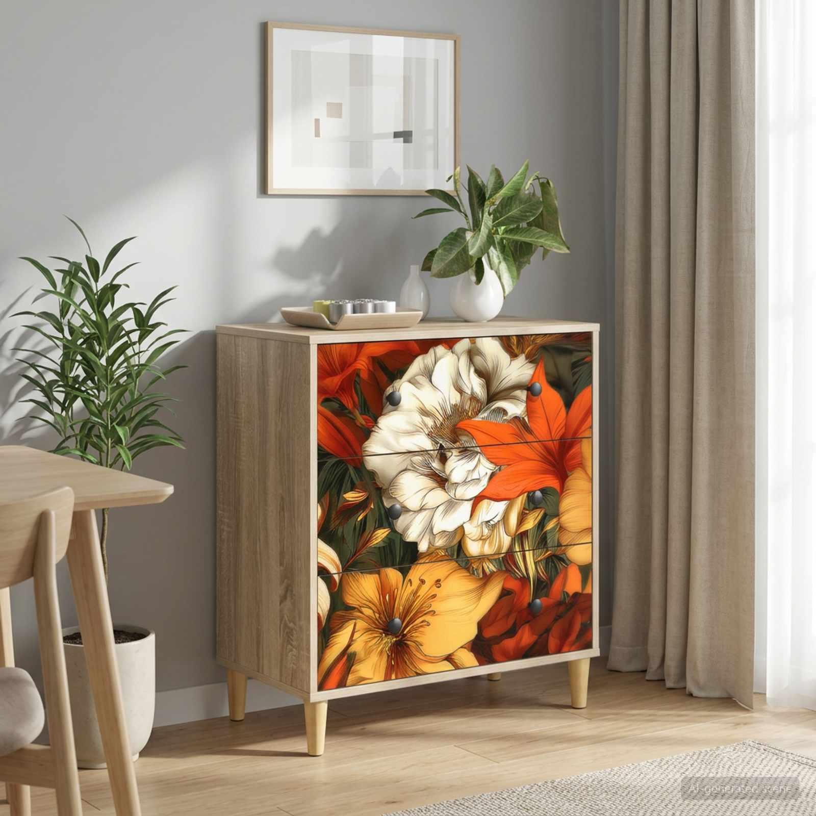 Skuffeskab GENNEP med liljemønster 66 x 36,5 x 75 cm - Sonoma-eg