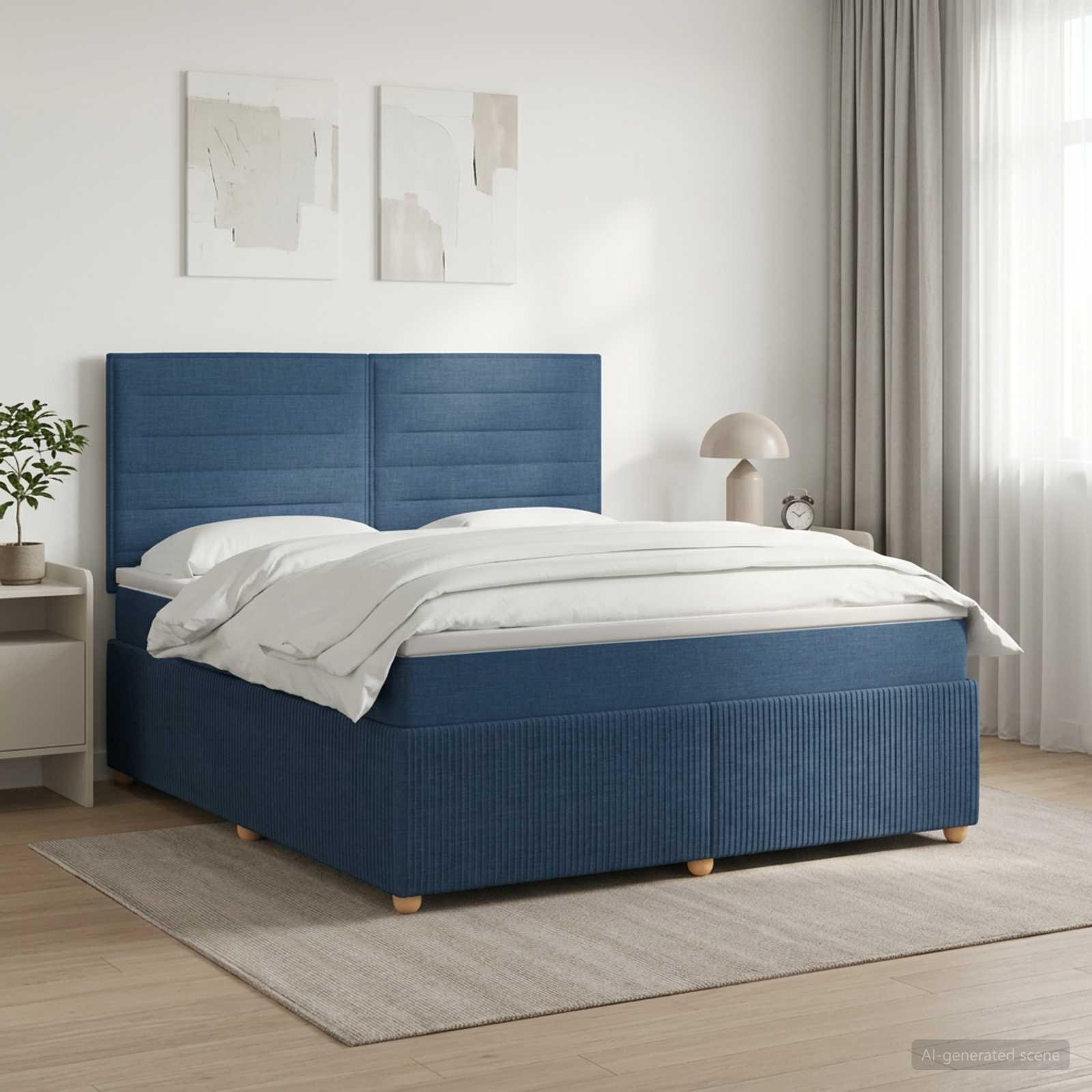 Boksmadras-seng 180 x 200 cm med topmadras og justerbart hovedgærde - blå stof
