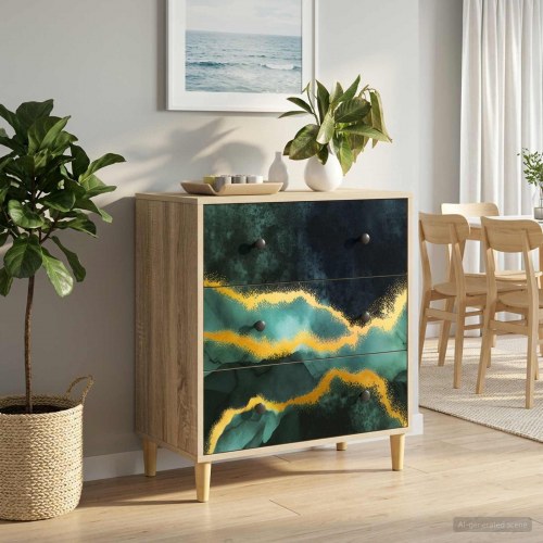 Skuffeskab WIJHE med 3 skuffer teal marmorprint 66 x 36,5 x 75 cm sonoma-eg