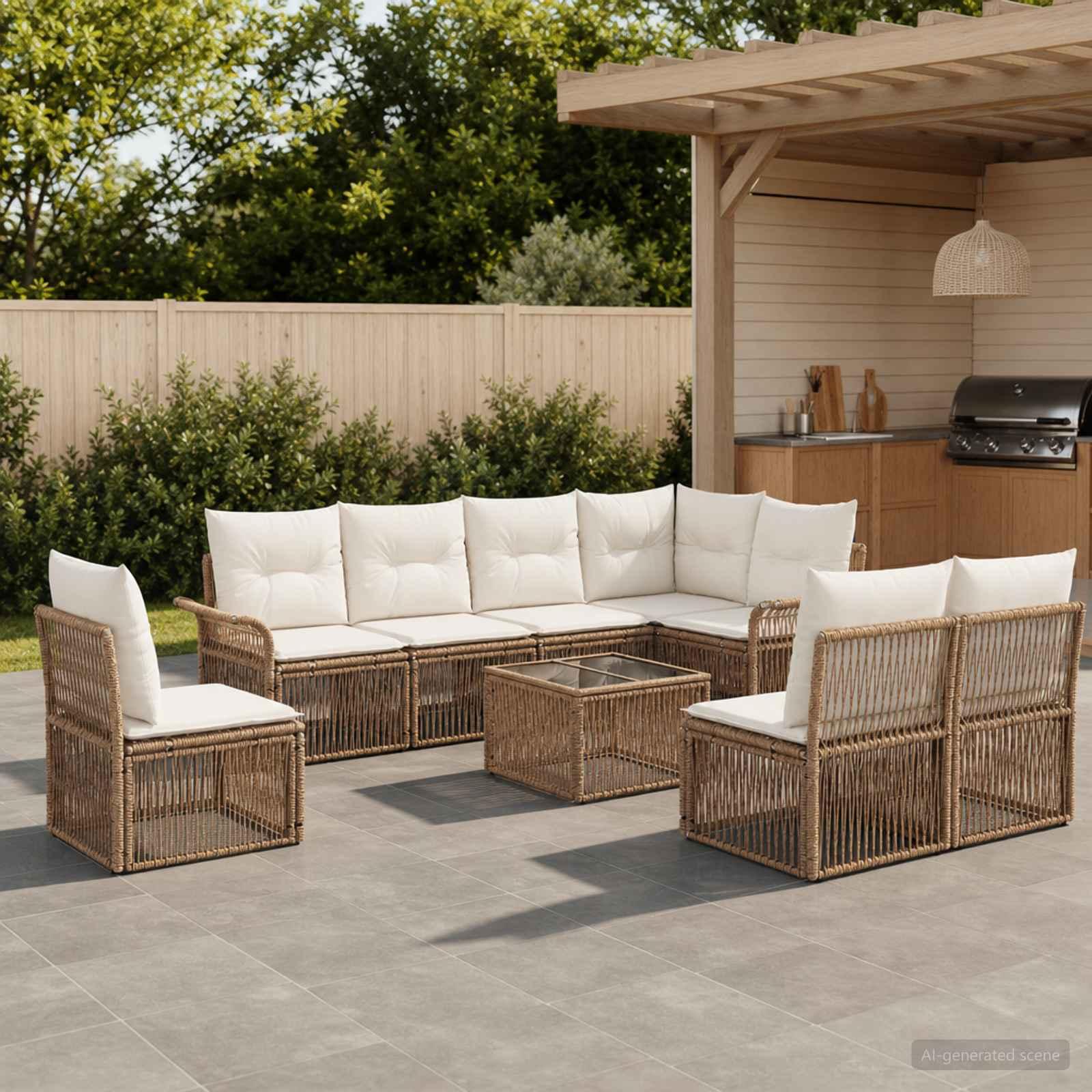 Havesofa sæt 9 dele i beige polyrattan - modulært lounge sæt til have og terrasse