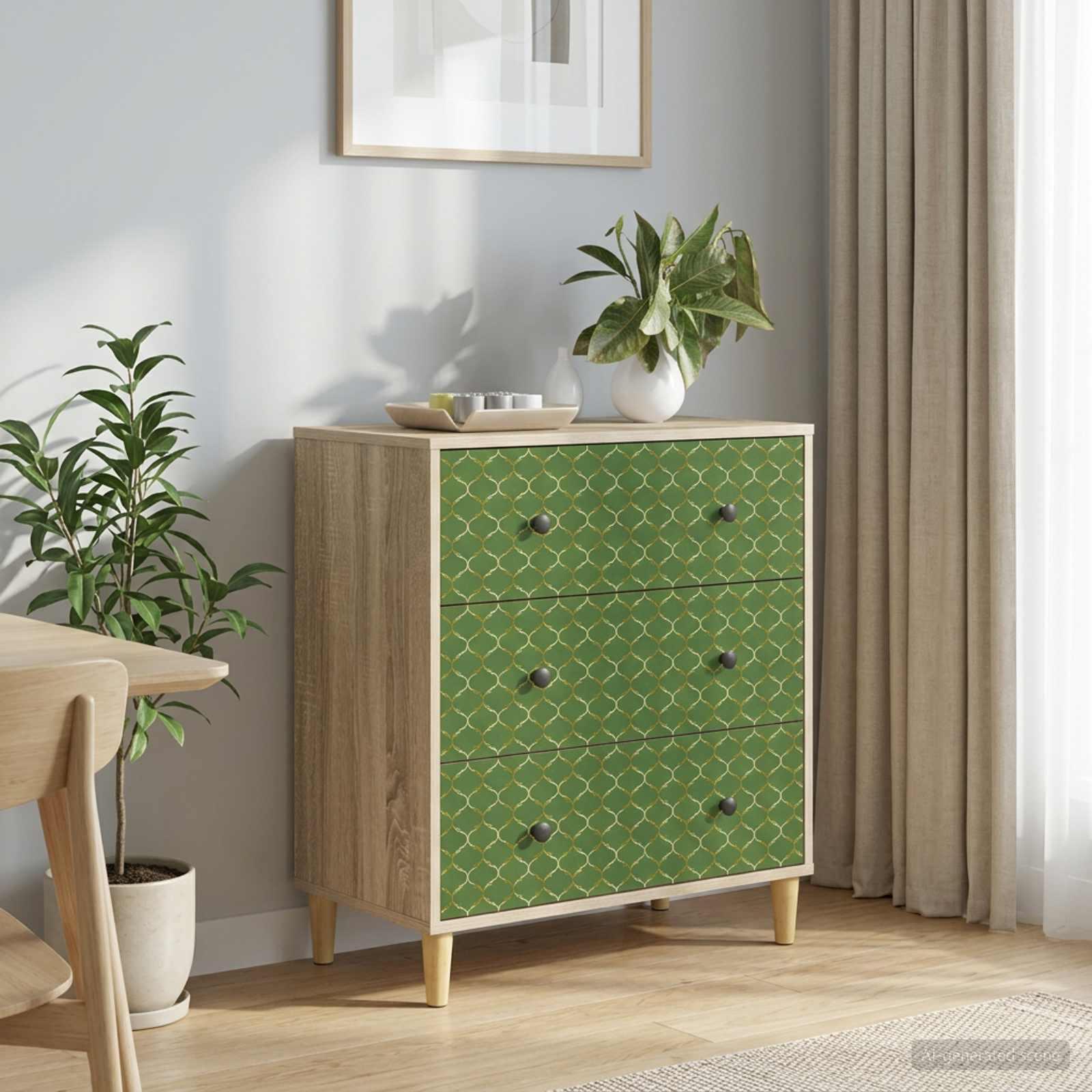 Skuffeskab GELEEN med 3 skuffer - smaragd geometrisk mønster, 66 x 36,5 x 75 cm