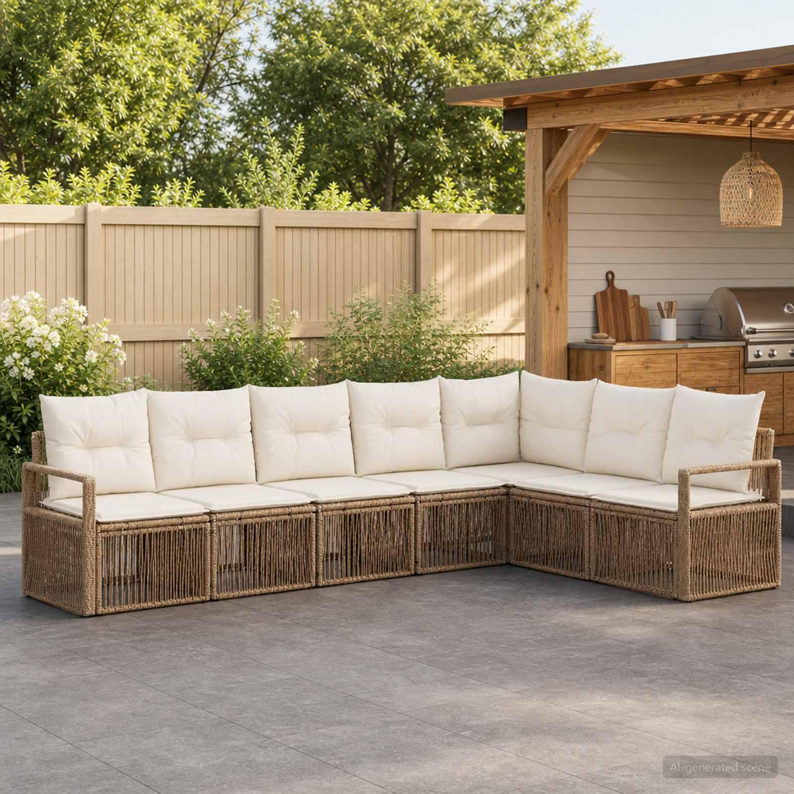 Havesofa sæt 7 stk. i beige polyrattan - modulært havemøbelsæt