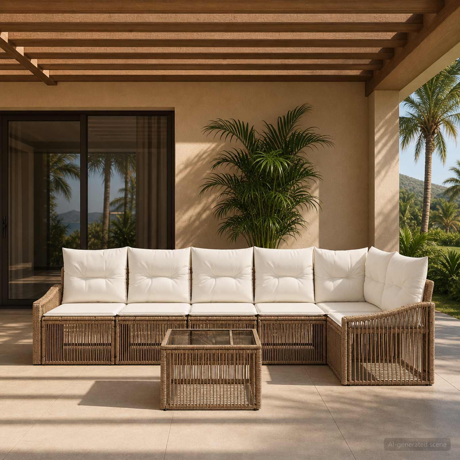 Havesofa sæt 7 stk. i beige polyrattan - modulært havemøbelsæt