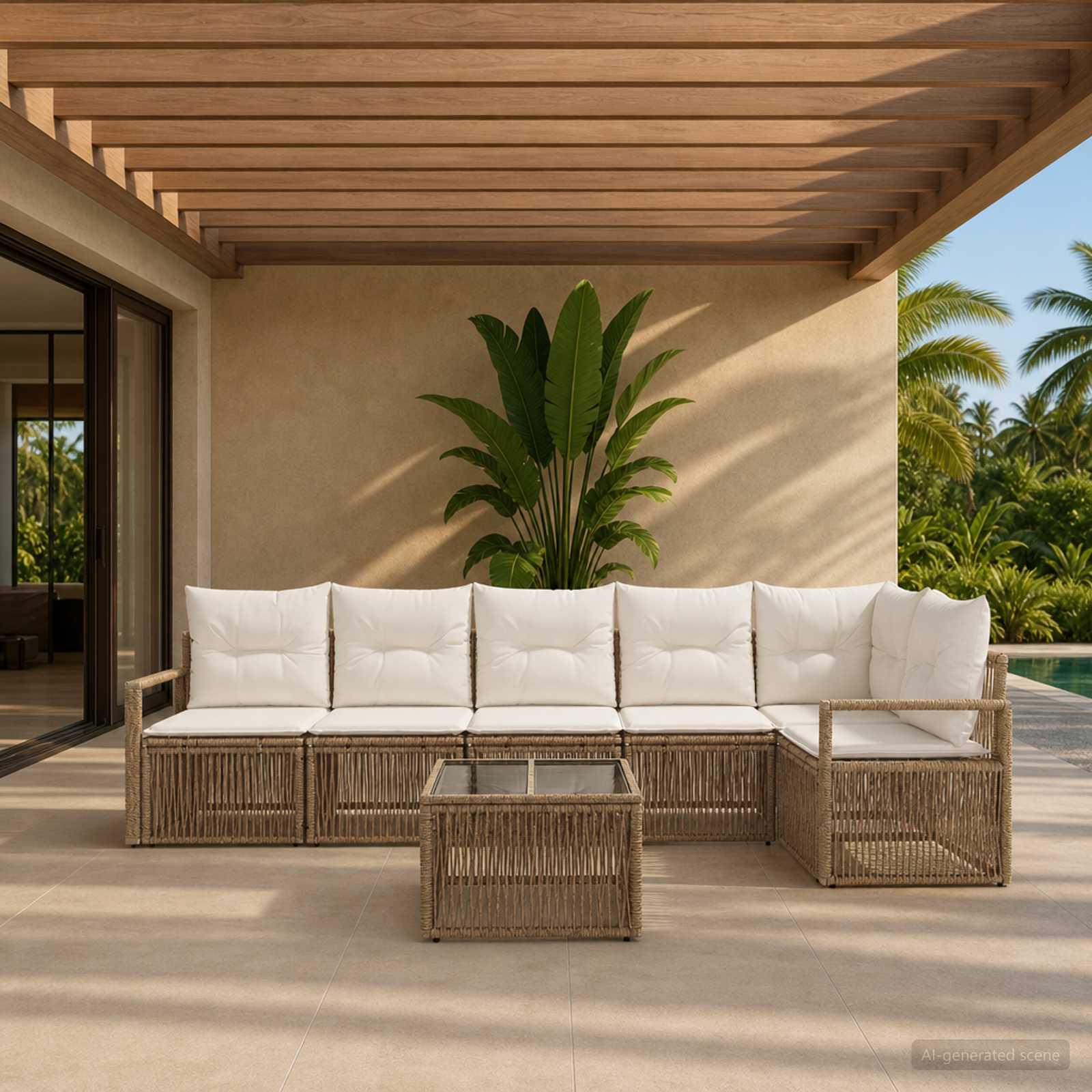 Havesofa sæt 7 stk. i beige polyrattan - modulært loungesæt til have og terrasse