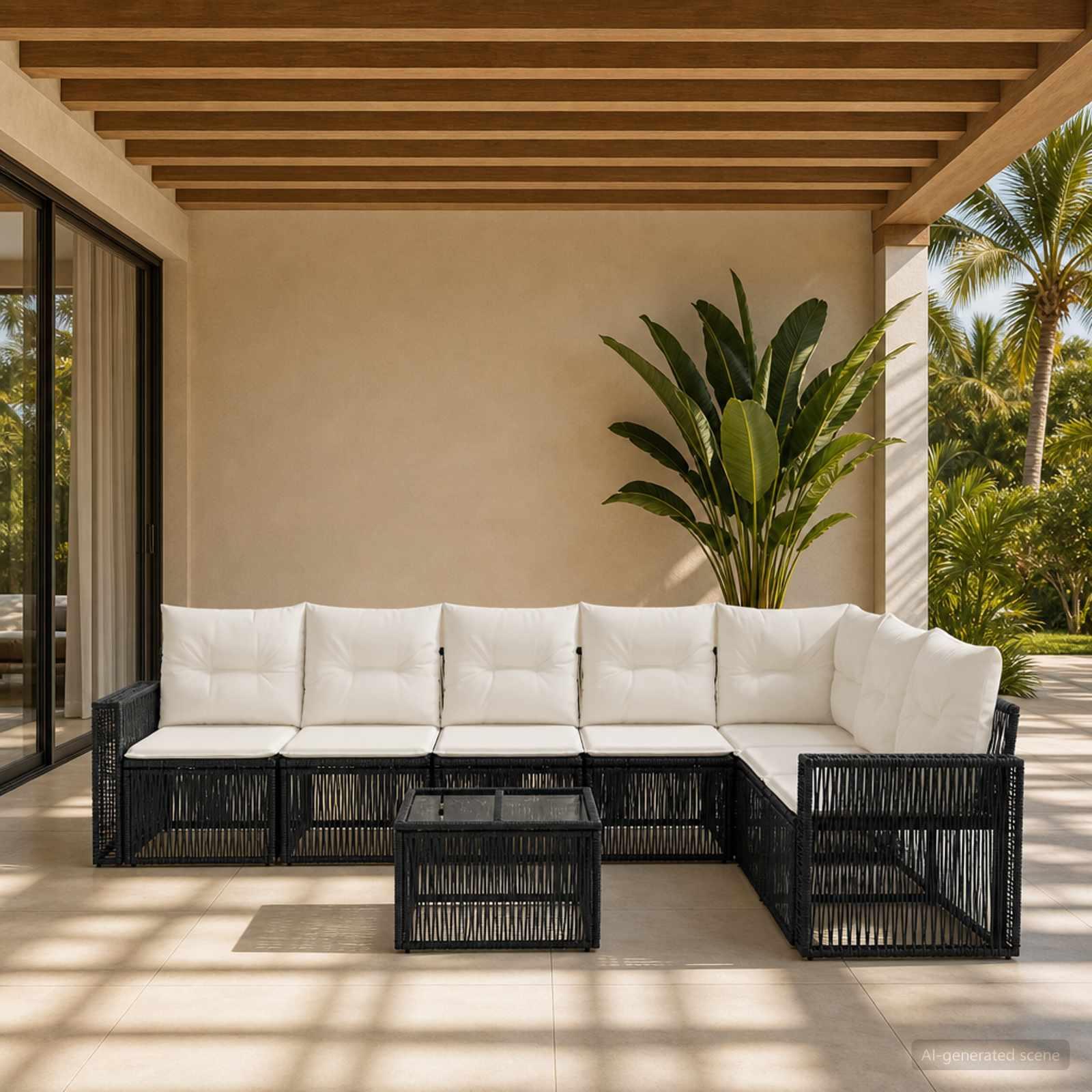 Havesofa sæt 8 dele i polyrattan - sort og cremehvid