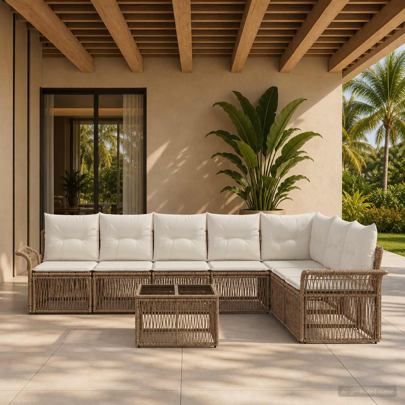 Havesofa sæt 8 stk. i beige polyrattan - modulært havemøbelsæt