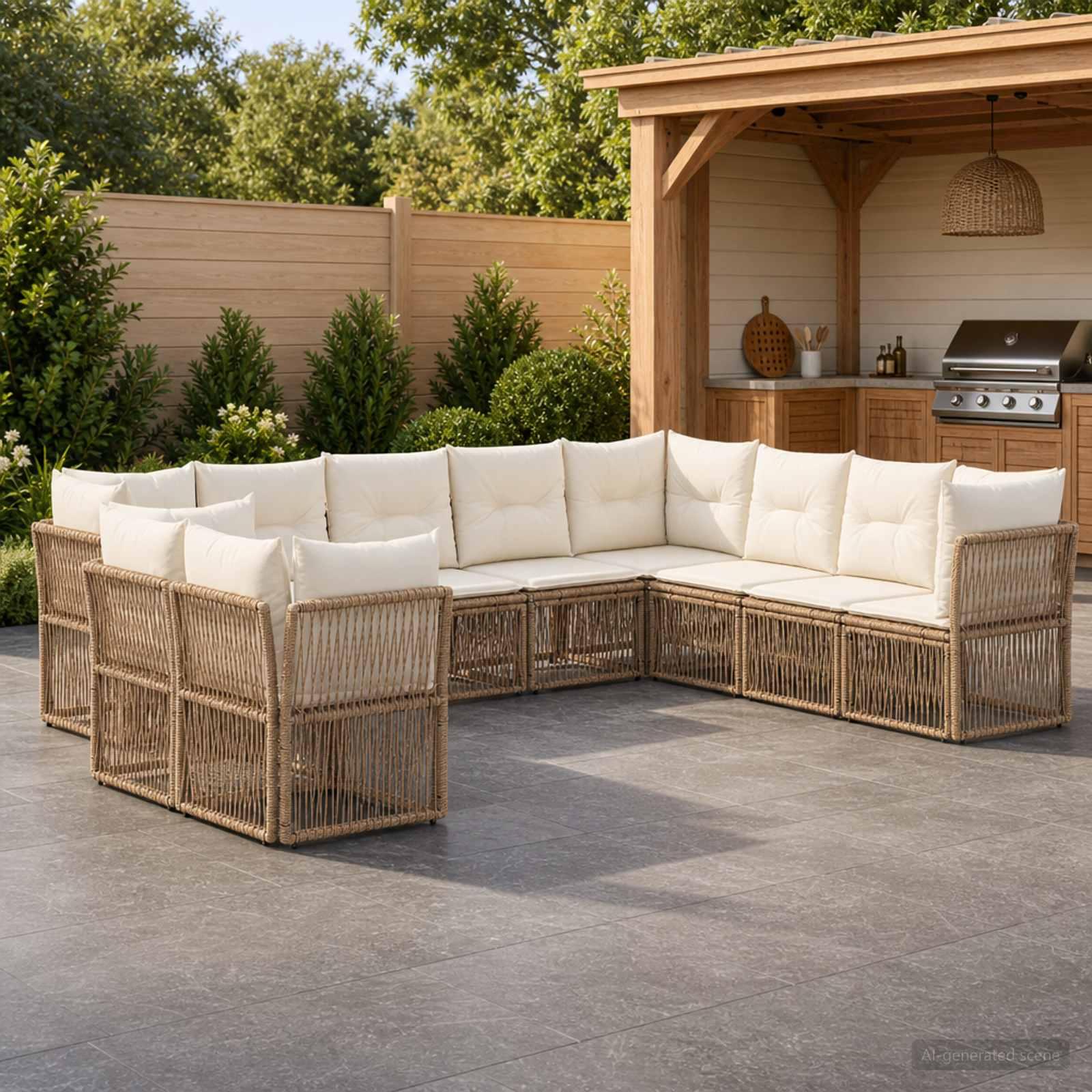 Havesofa sæt 10 stk. i beige polyrattan - modulært havemøbelsæt
