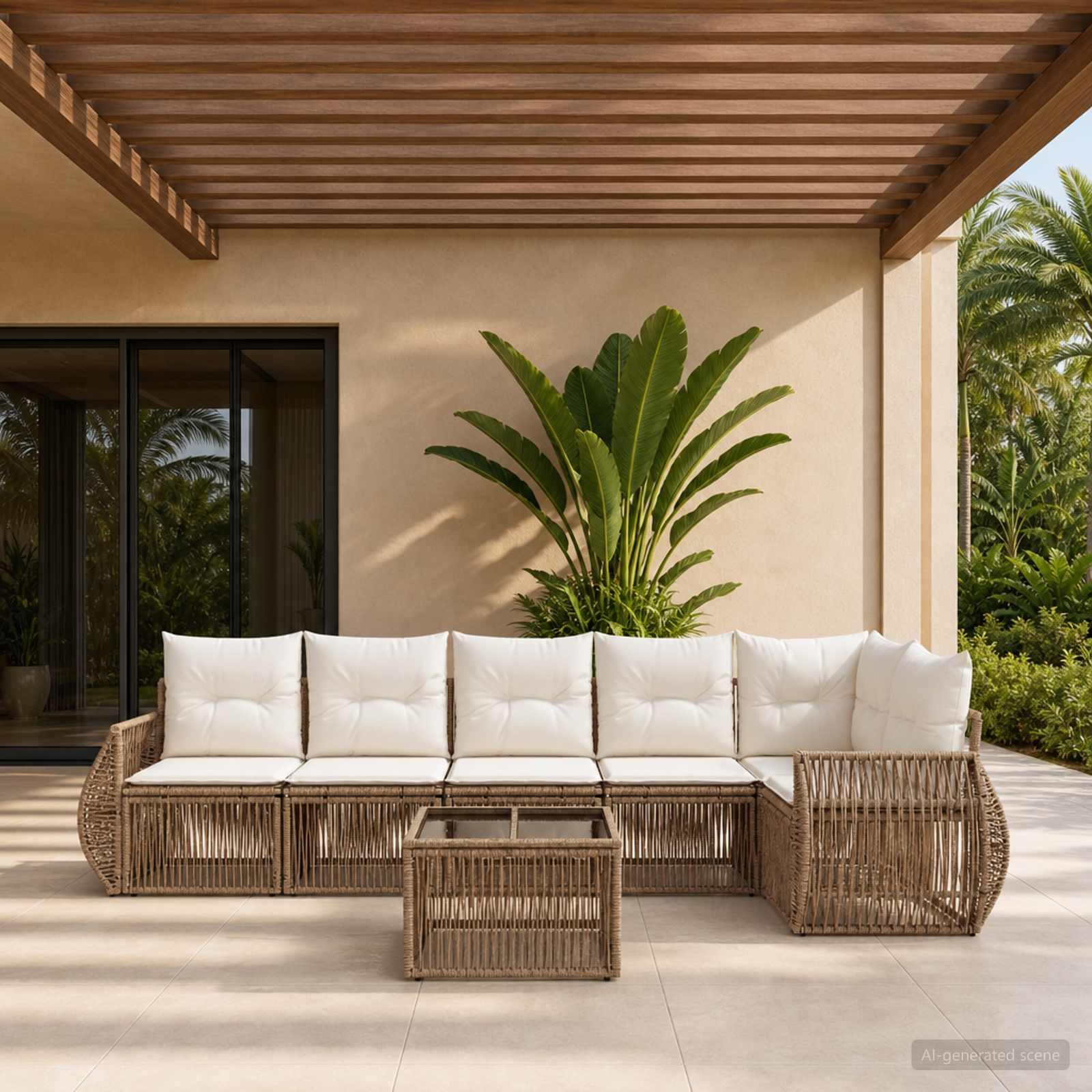 Havesofa sæt 7 stk. i beige og cremehvid polyrattan