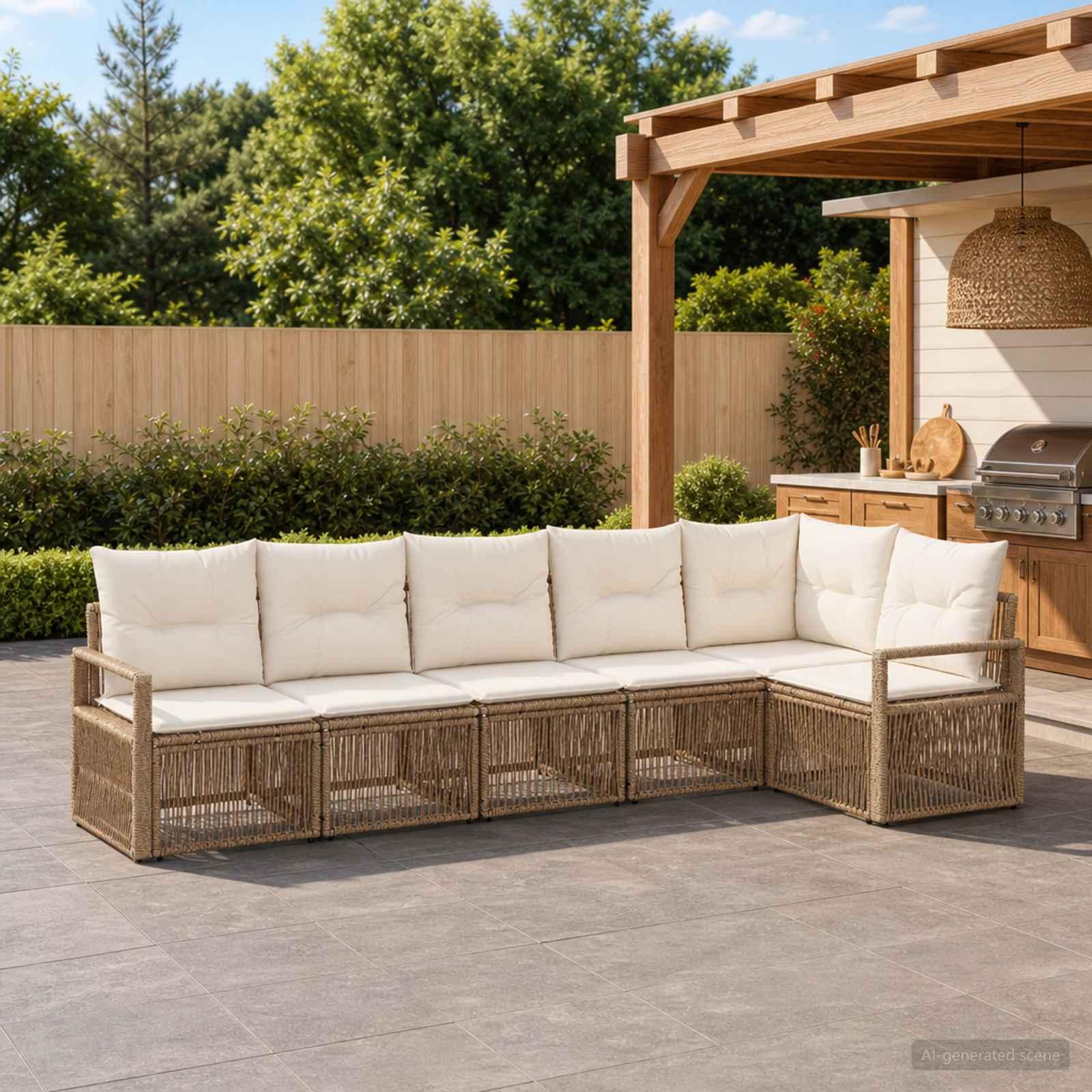Havesofa sæt 6 stk. i beige polyrattan - modulært loungesæt til have og terrasse