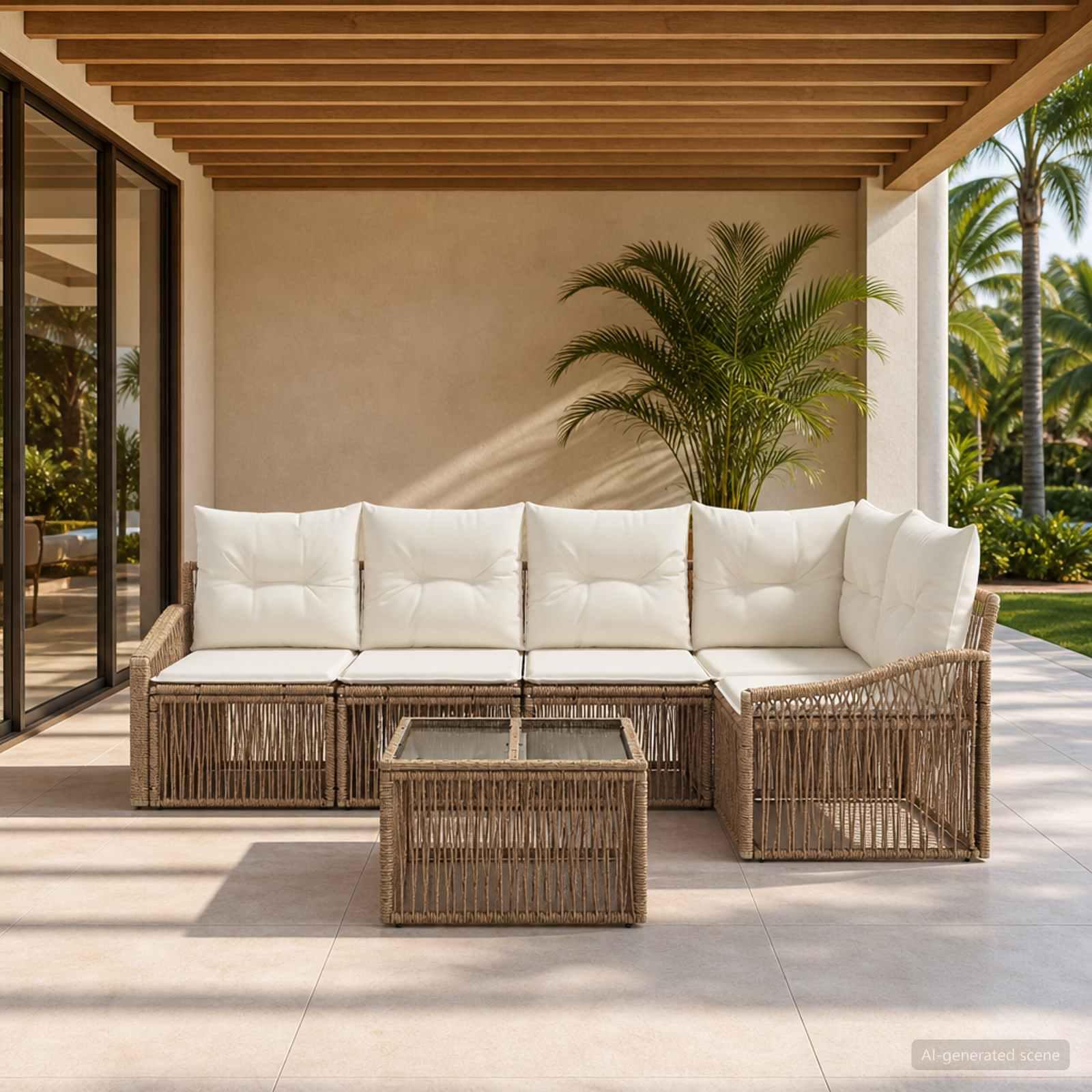 Havesofa sæt 6 stk. i beige polyrattan - modulært havemøbelsæt