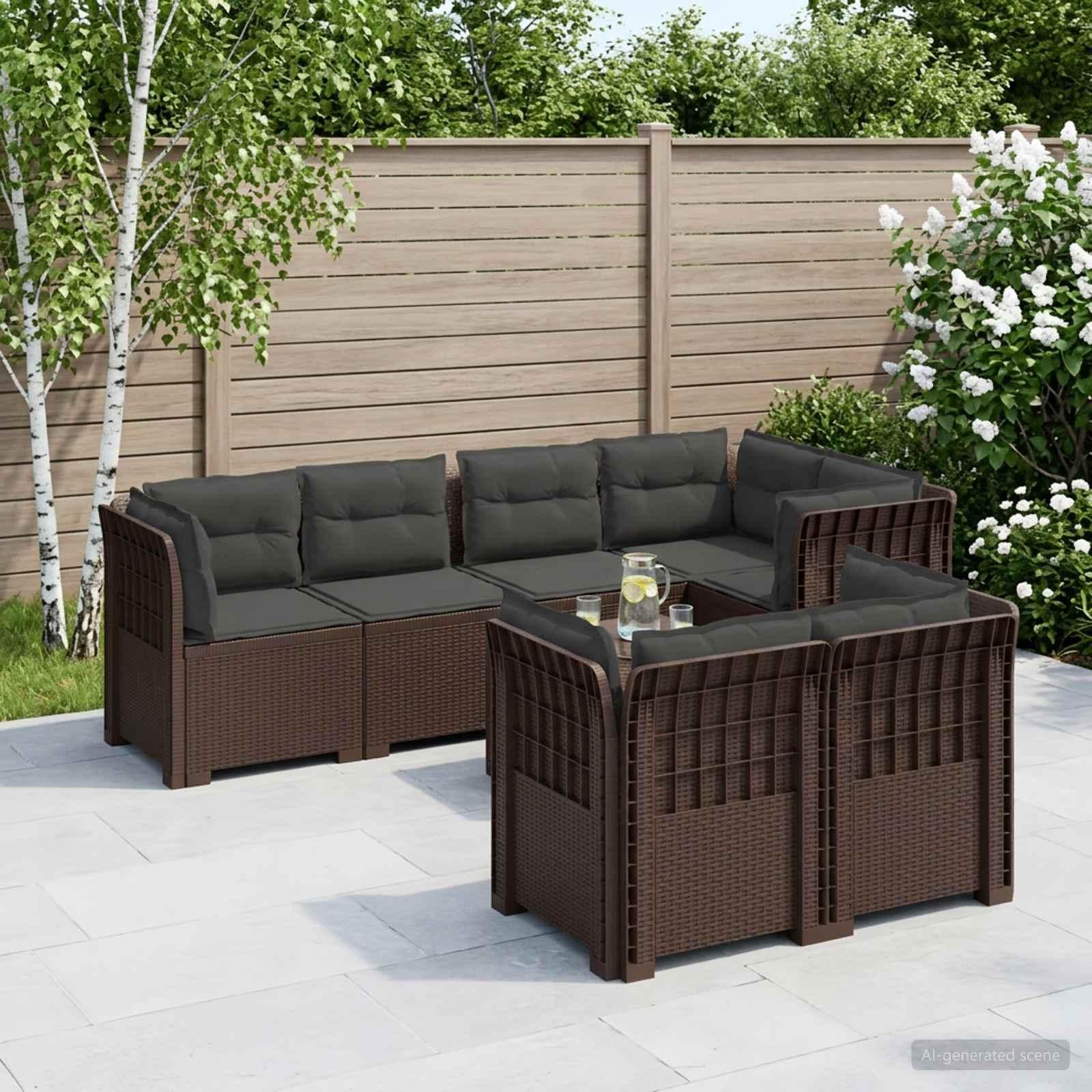 7-personers loungesæt have-sofa i rattanlook med puder, brun/antracit