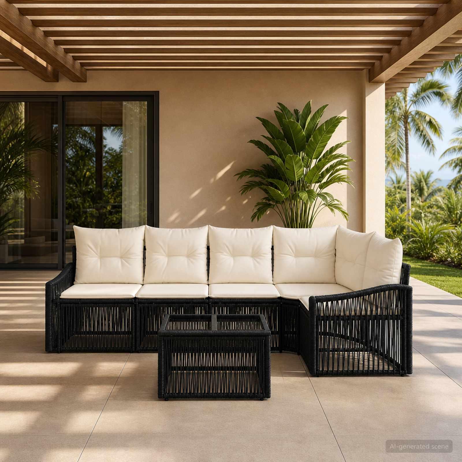 Havesofa sæt 6 stk. i sort polyrattan med bord