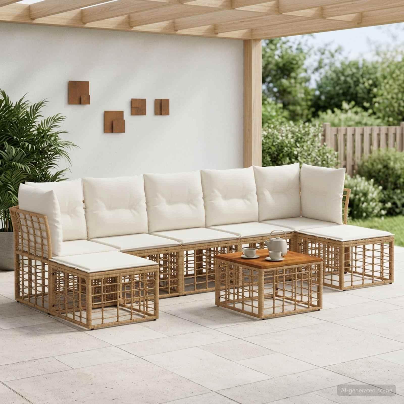 Udendørs sofagruppe i polyrattan 8 stk. - naturlig og cremehvid
