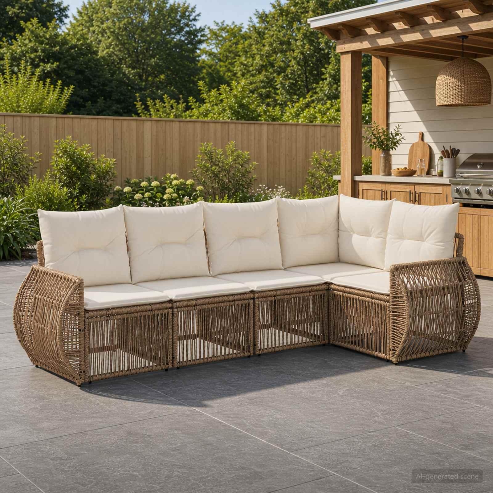 Havesofa sæt 5 stk. i beige og cremehvid polyrattan