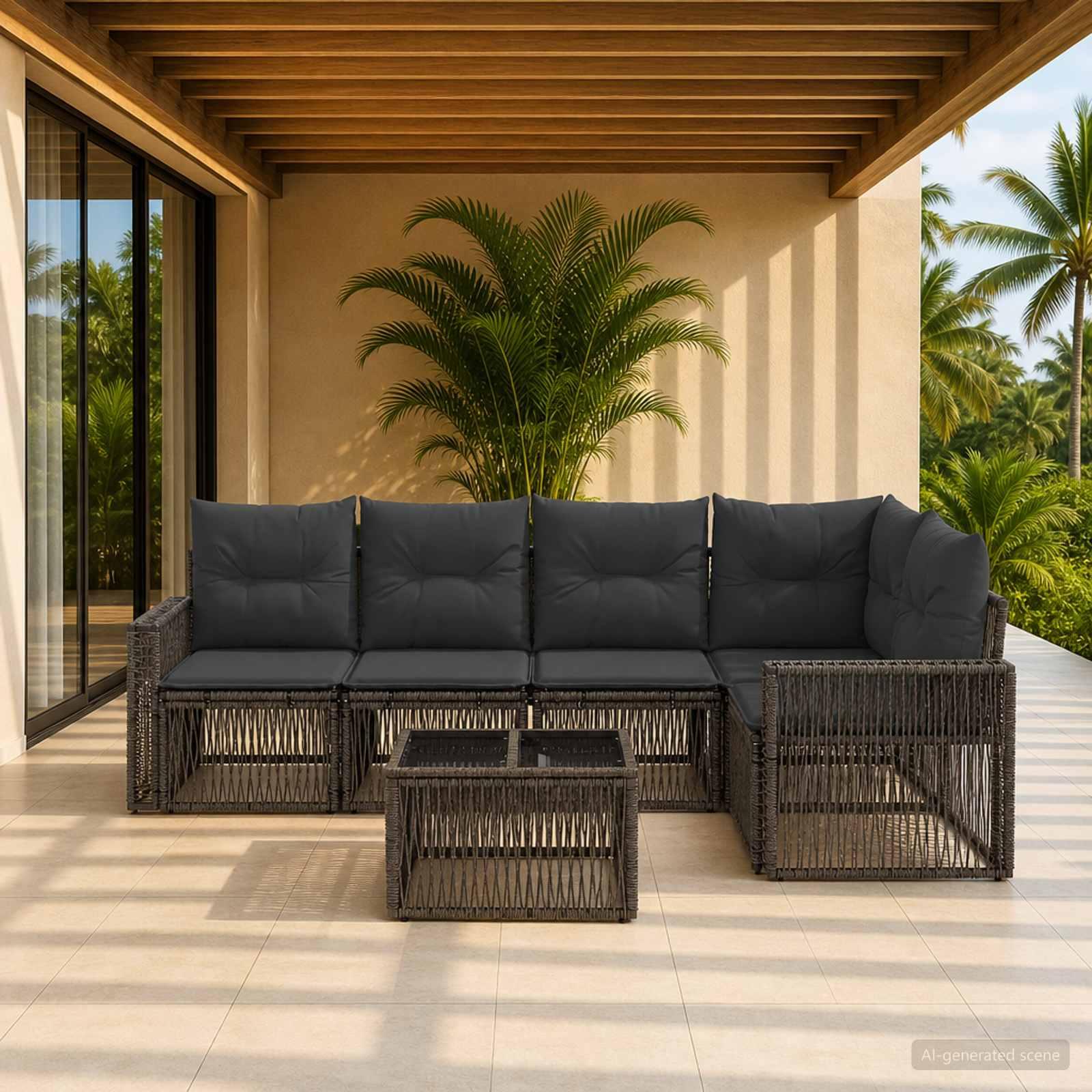 Havesofa sæt 6 stk. i polyrattan - grå og mørkegrå modulsofa til have og terrasse