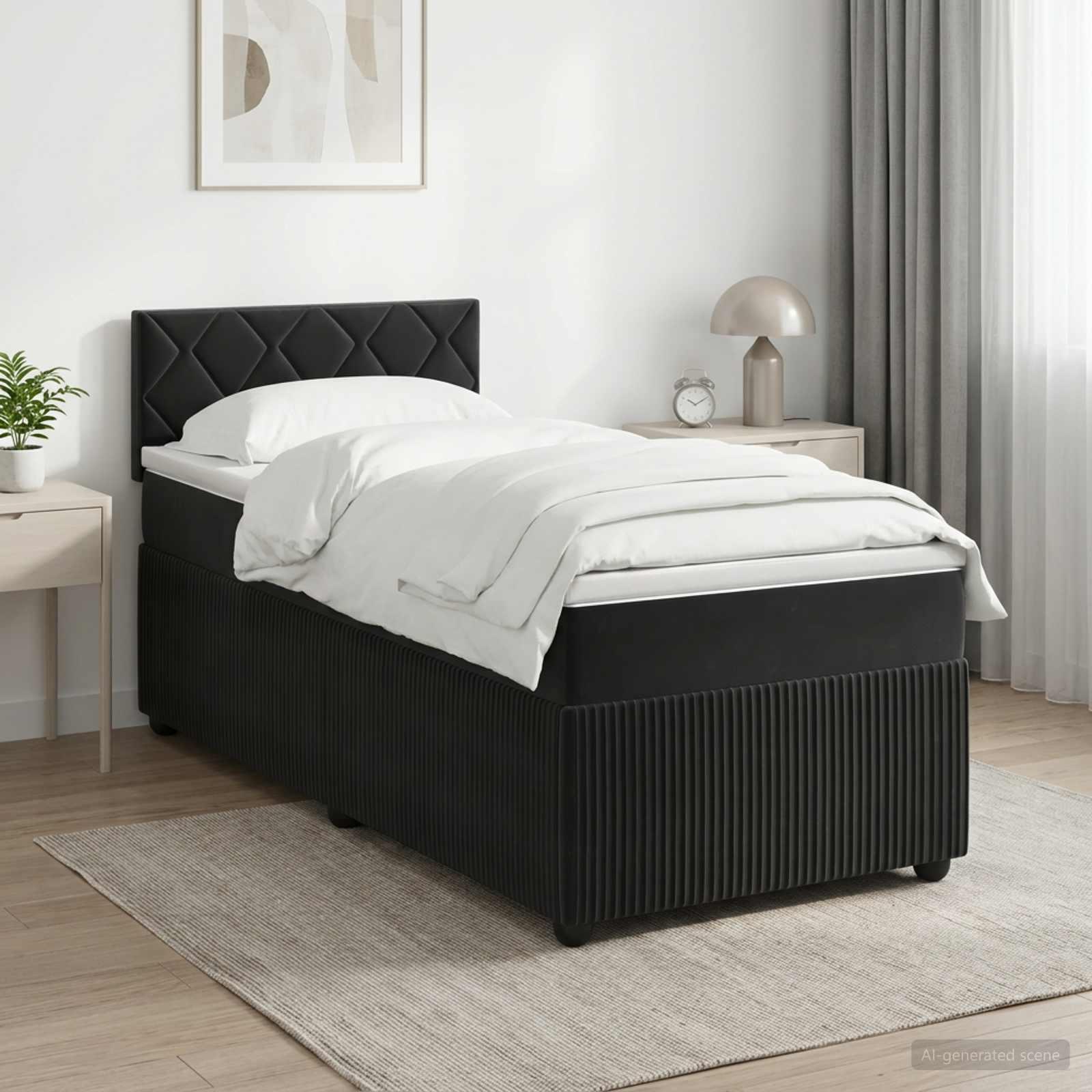 Boksmadrasseng med topmadras og justerbar sengegavl 100 x 200 cm - sort fløjl