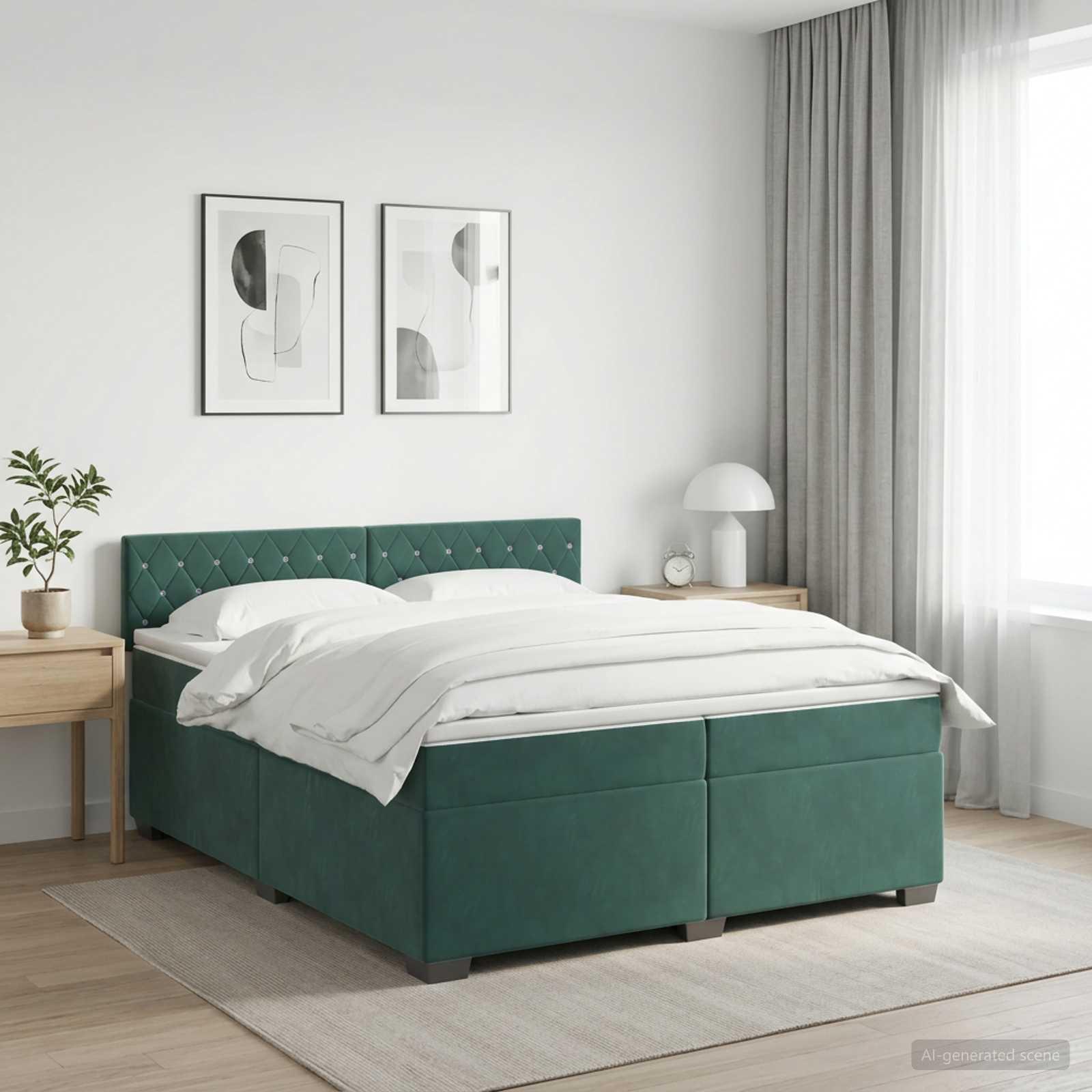 Boxmadras seng med topmadras 200 x 200 cm i mørkegrøn fløjl