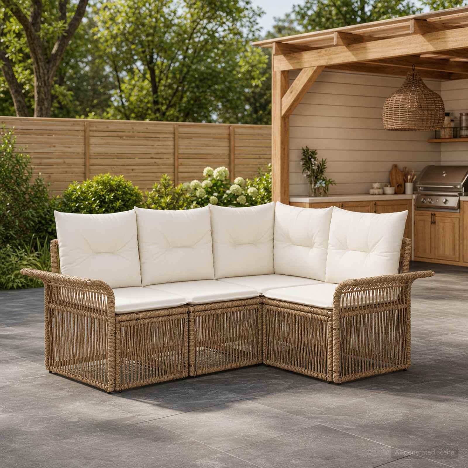 Havesofa sæt 4 stk. i beige polyrattan - modulær loungesofa til have og terrasse