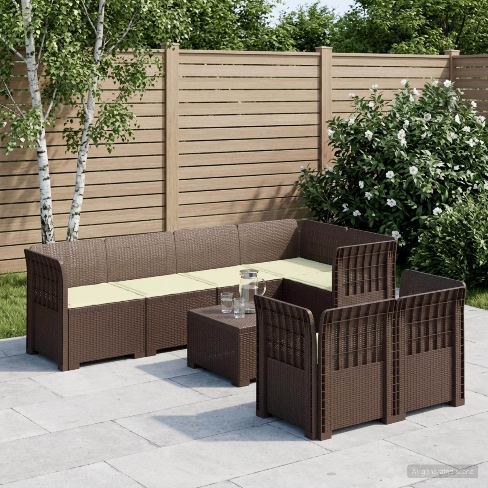 7-personers have-sofa i rattanlook med puder PP brun