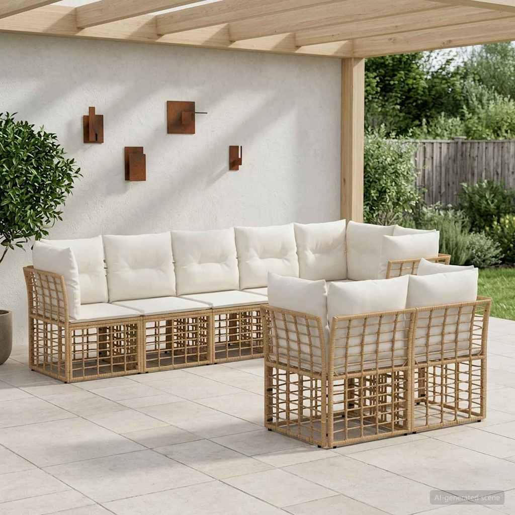 Udendørs sofagruppe i naturfarvet polyrattan med puder til 8 personer
