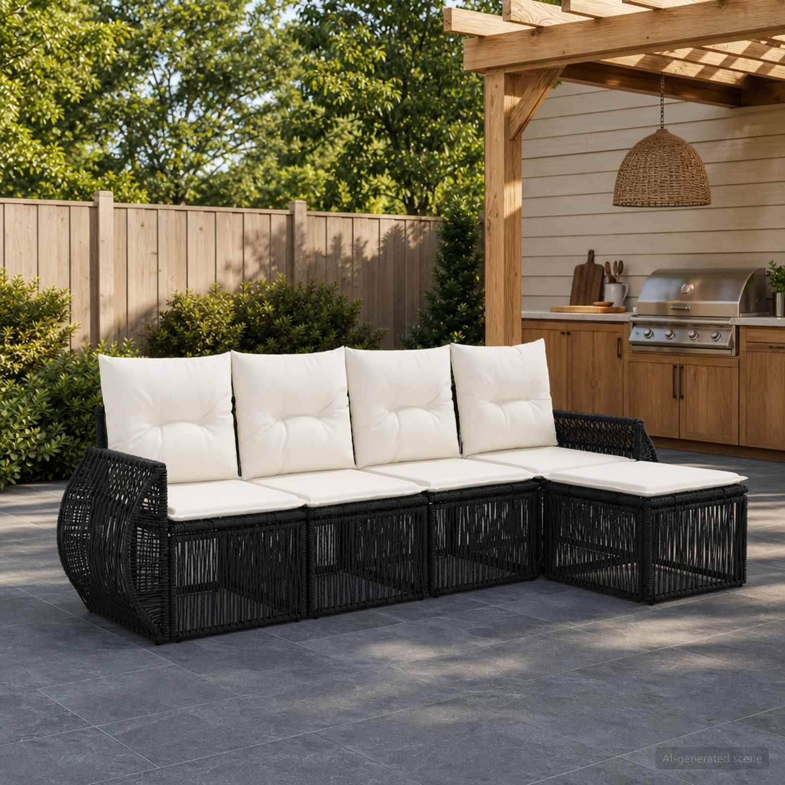 Havesofa sæt 5 stk. i sort og cremehvid polyrattan