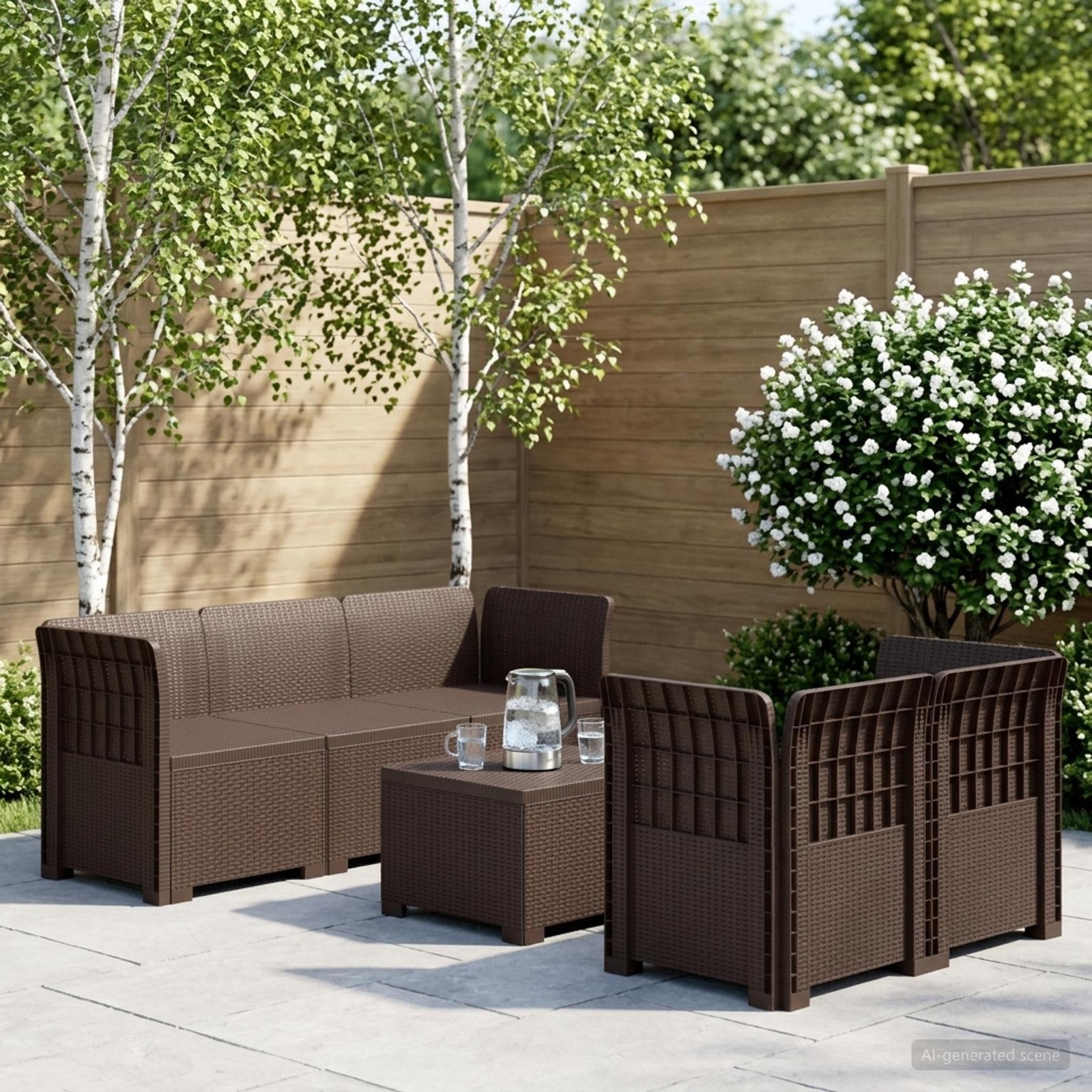 5-personers havemøbel sofa loungesæt i rattan-look PP - brun