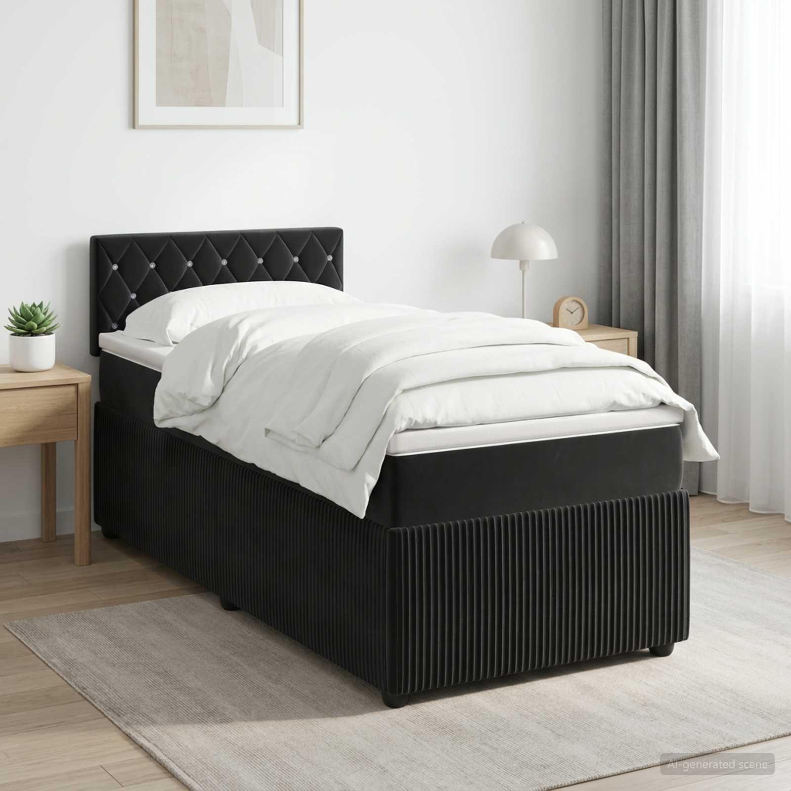 Boksmadrasseng med topmadras og justerbar hovedgavl 100 x 200 cm sort fløjl