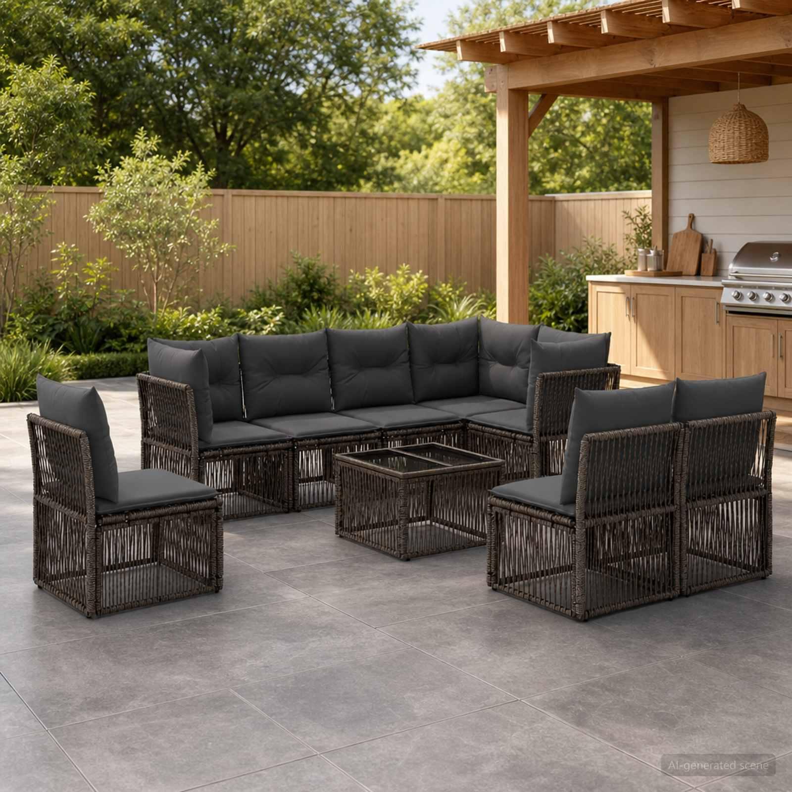 Havesofa sæt 9 stk. i grå polyrattan til have og terrasse