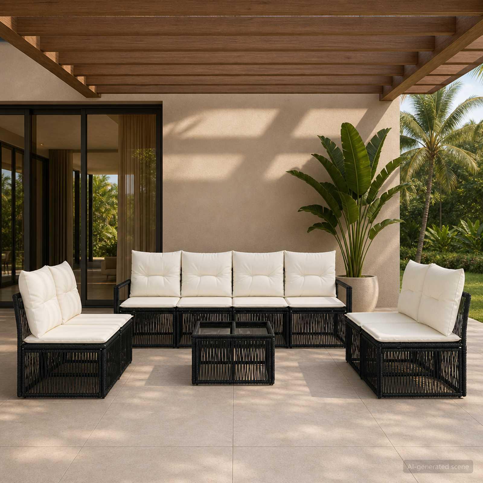 Havesofa sæt 9 stk. i sort polyrattan - modulært loungesæt til have og terrasse