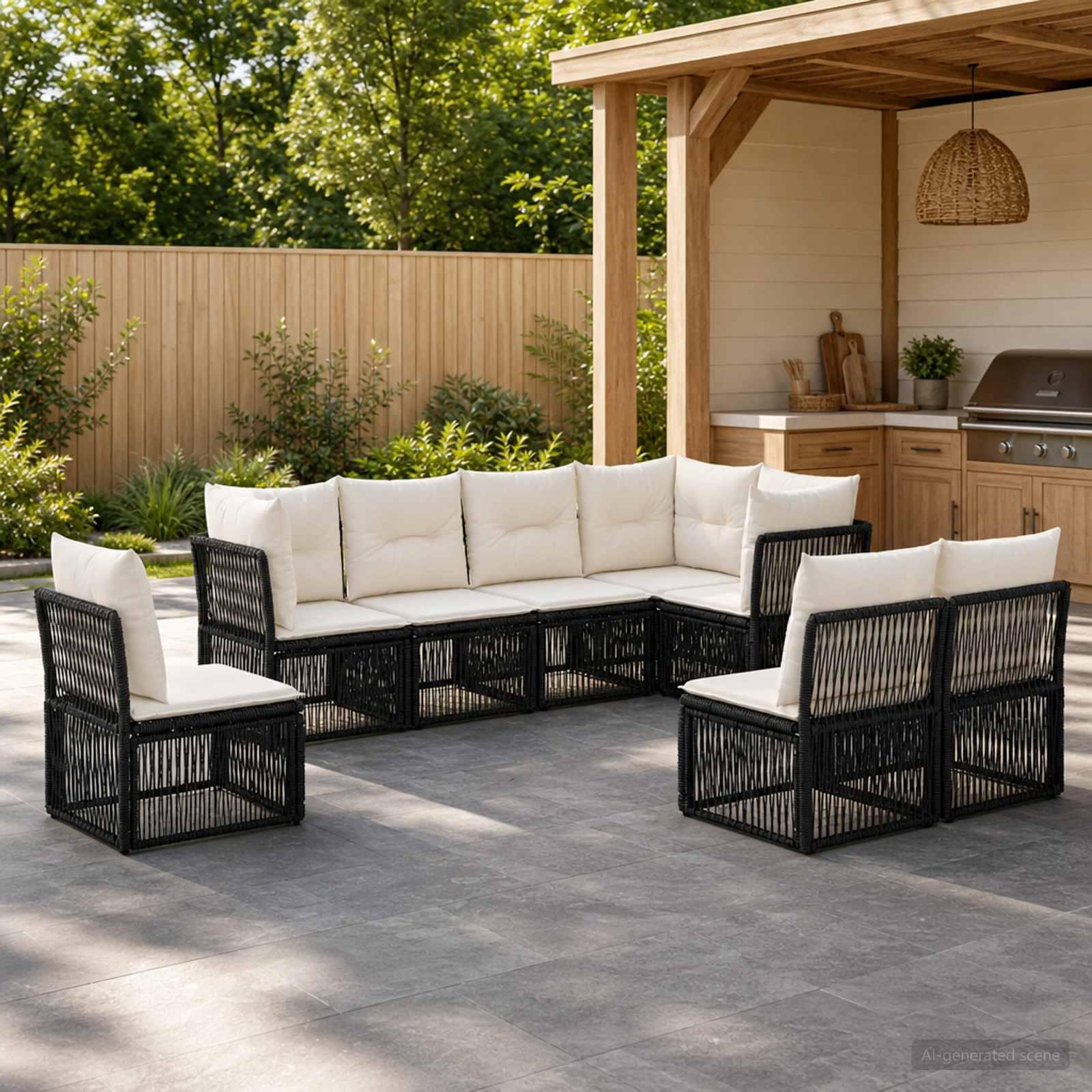 Havesofa sæt 8 dele i sort polyrattan til terrasse og have