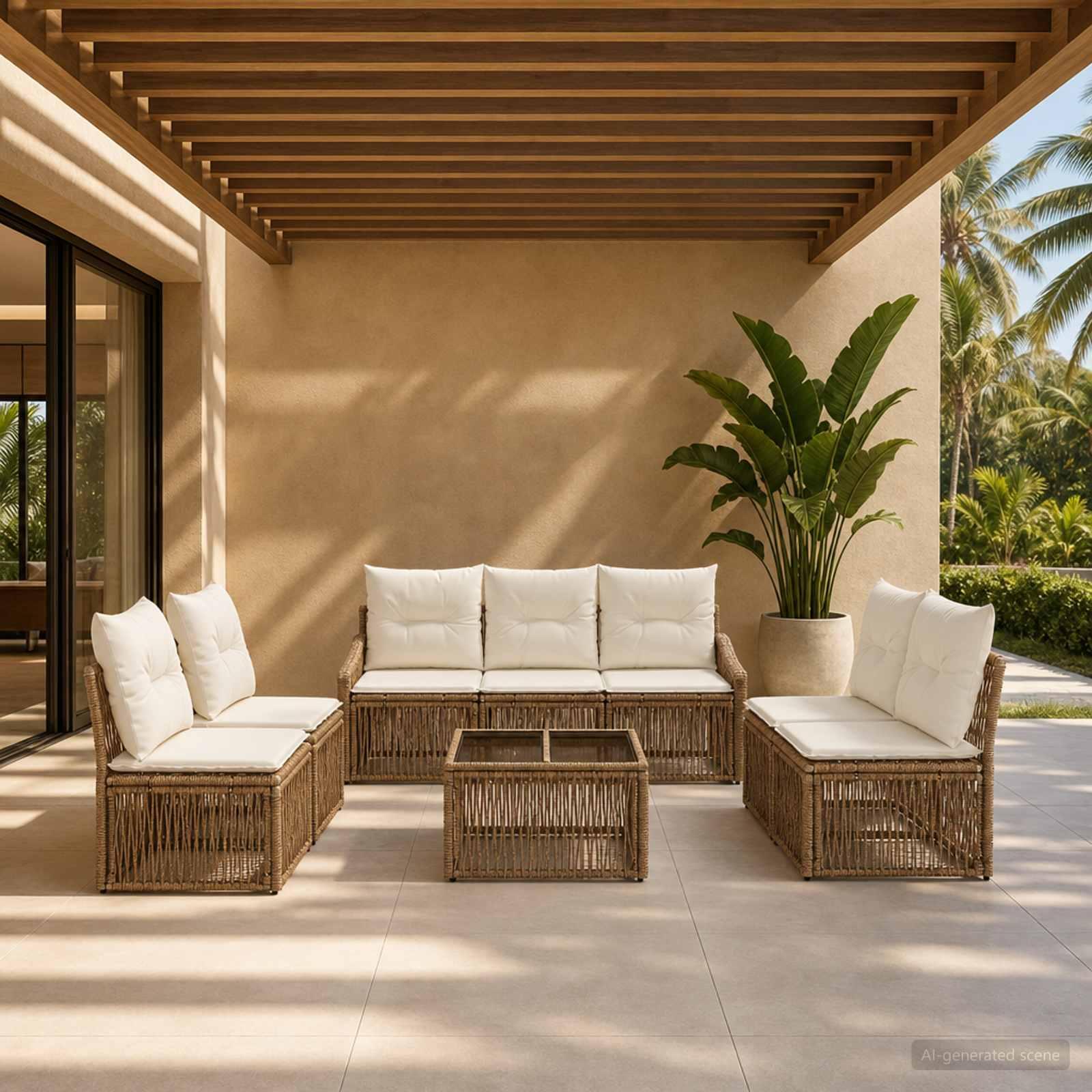Havesofa sæt 8 stk. i beige polyrattan - modulært havemøbelsæt