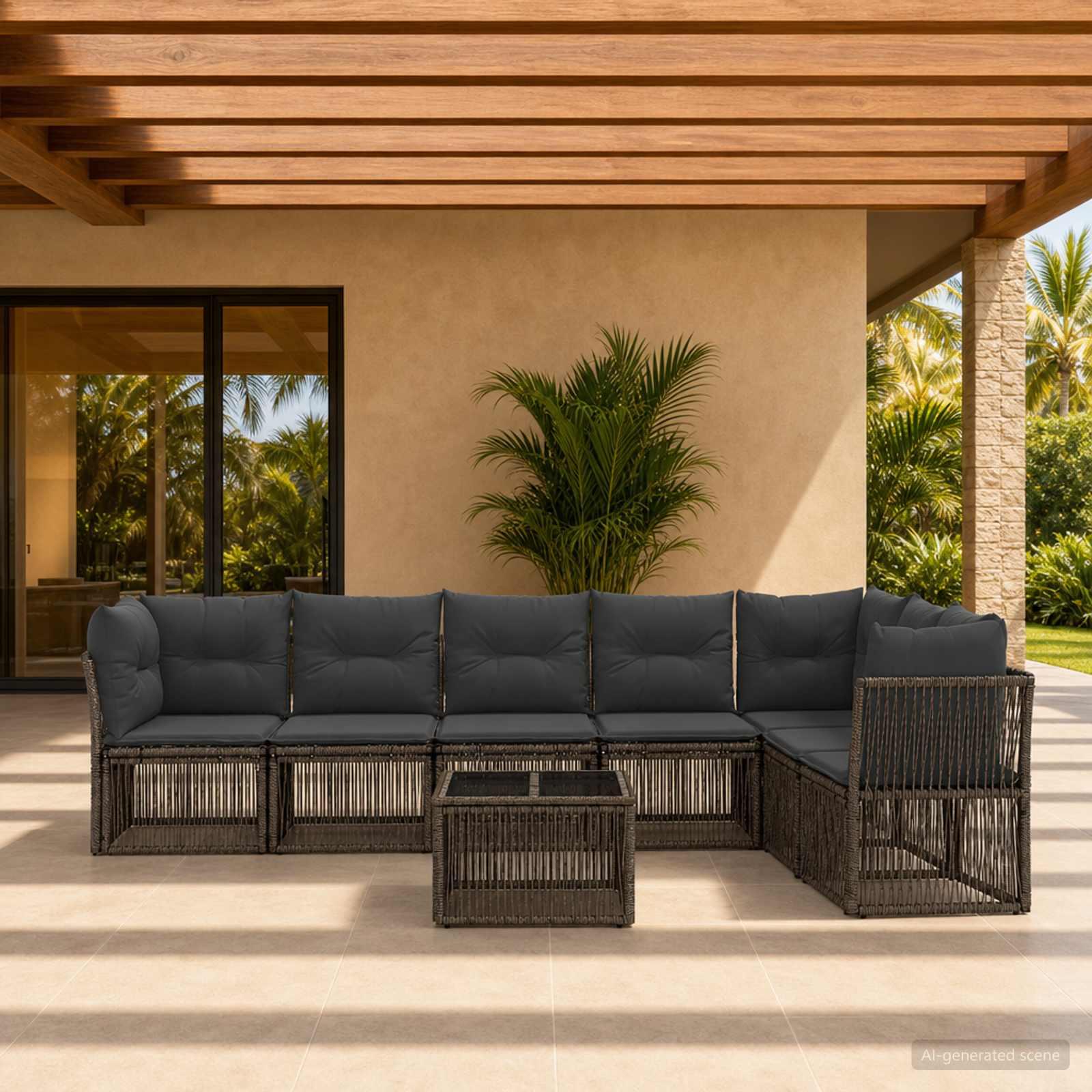 Havesofa sæt 8 stk. i grå polyrattan til terrasse og have