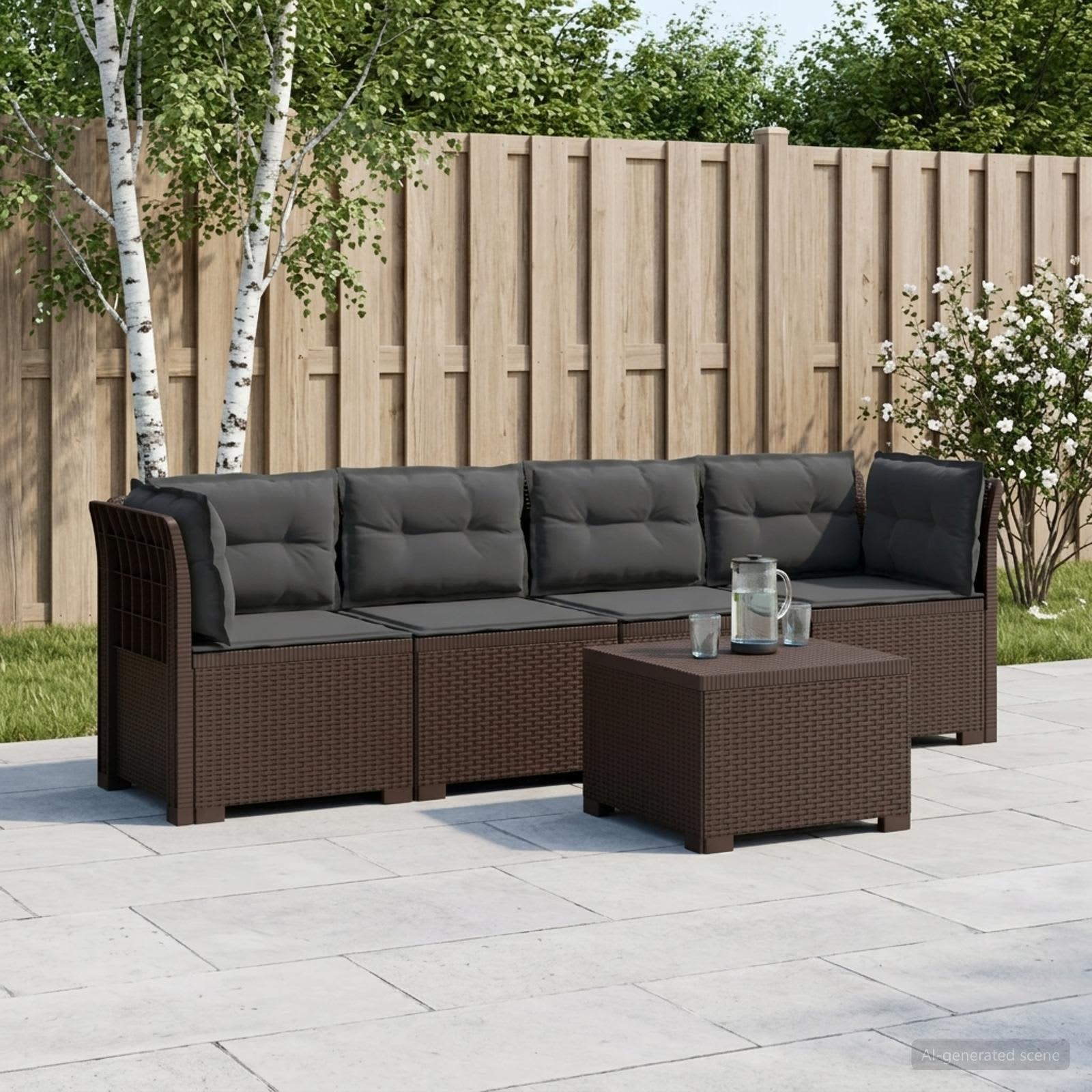 4-personers have-sofa loungesæt i rattan-look PP brun med puder