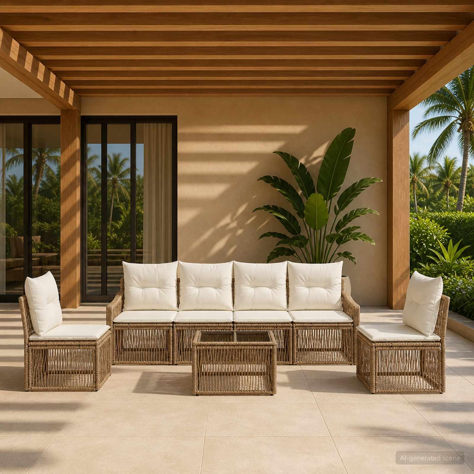 Havesofa sæt 7 stk. i beige polyrattan modulært havemøbelsæt