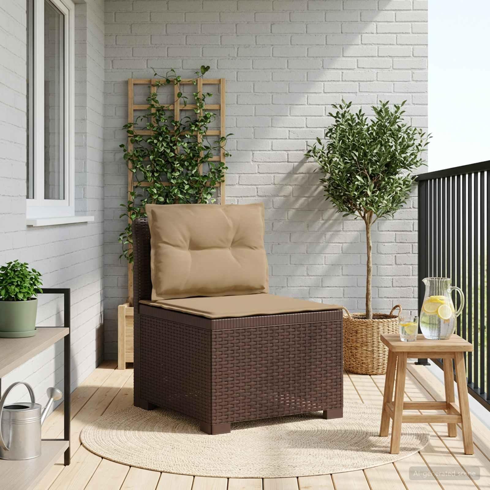 1-personers havemøbelsofa i rattan look PP brun med puder