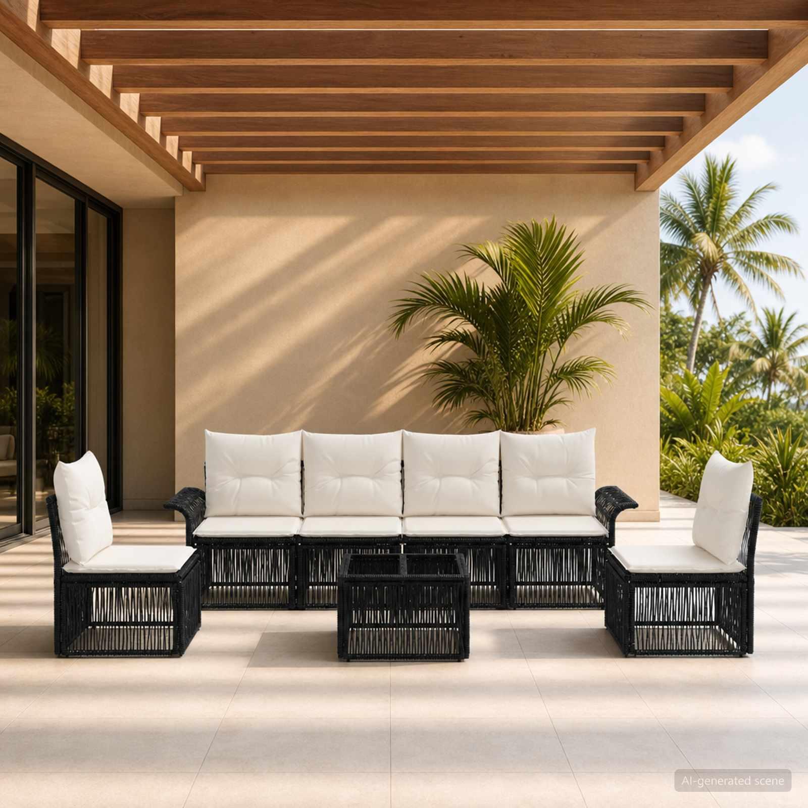 Havesofa sæt 7 dele i sort polyrattan til terrasse og have