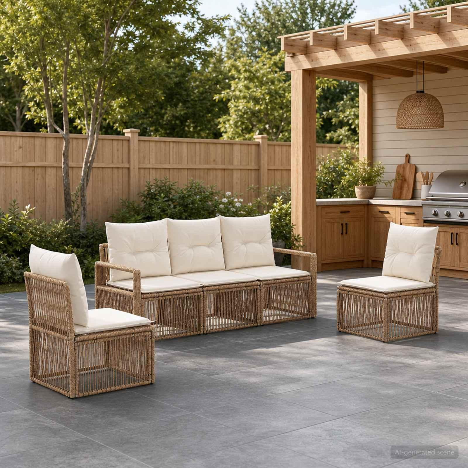 Havesofa sæt 5 stk. i beige polyrattan til terrasse og have