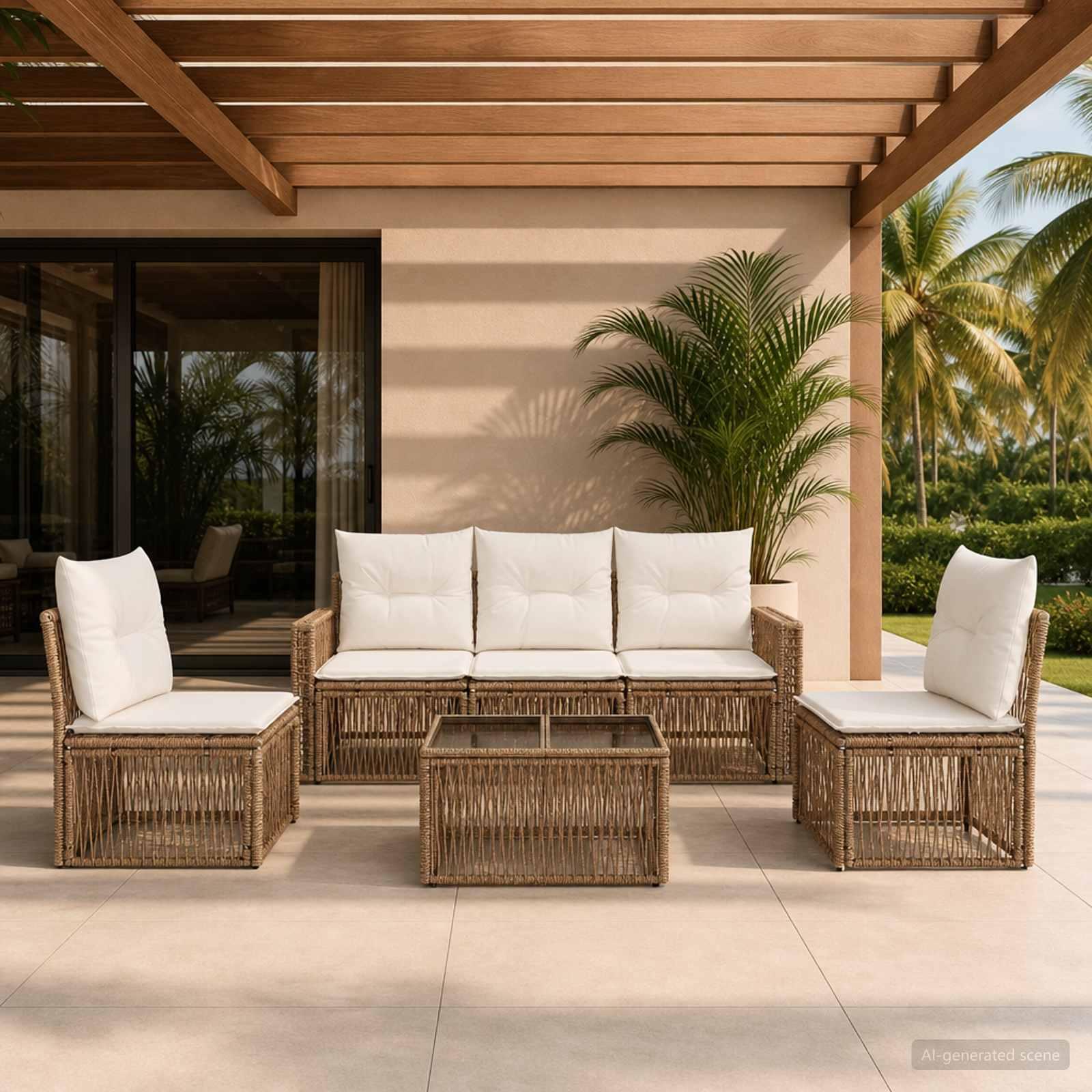 Havesofa sæt 6 stk. beige og cremehvid polyrattan