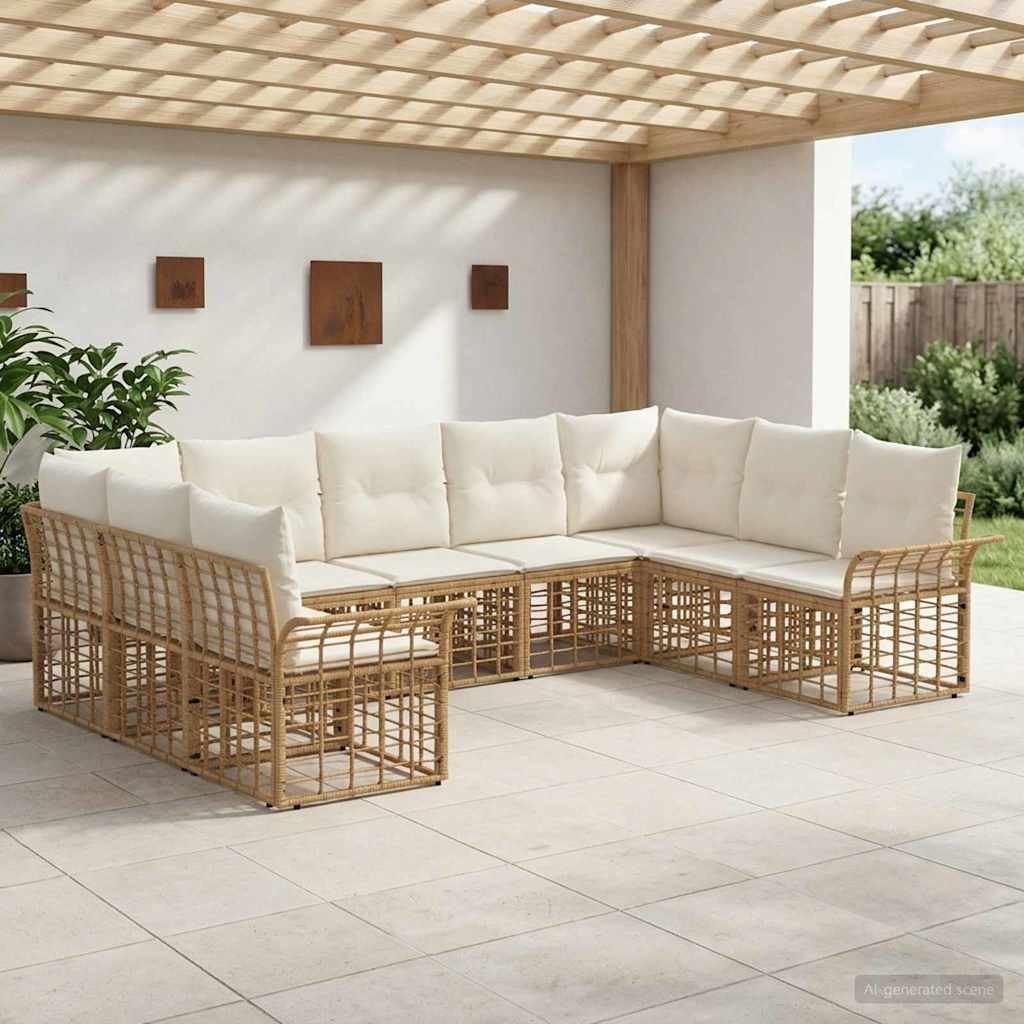Udendørs sofagruppe 9 stk. i polyrattan med puder - naturlig og cremehvid