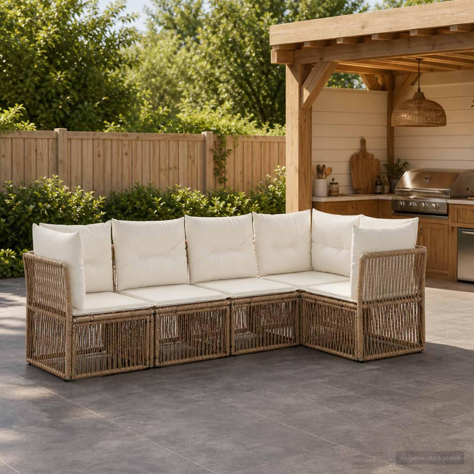 Havesofa sæt 5 stk. i beige polyrattan - modulært loungesæt